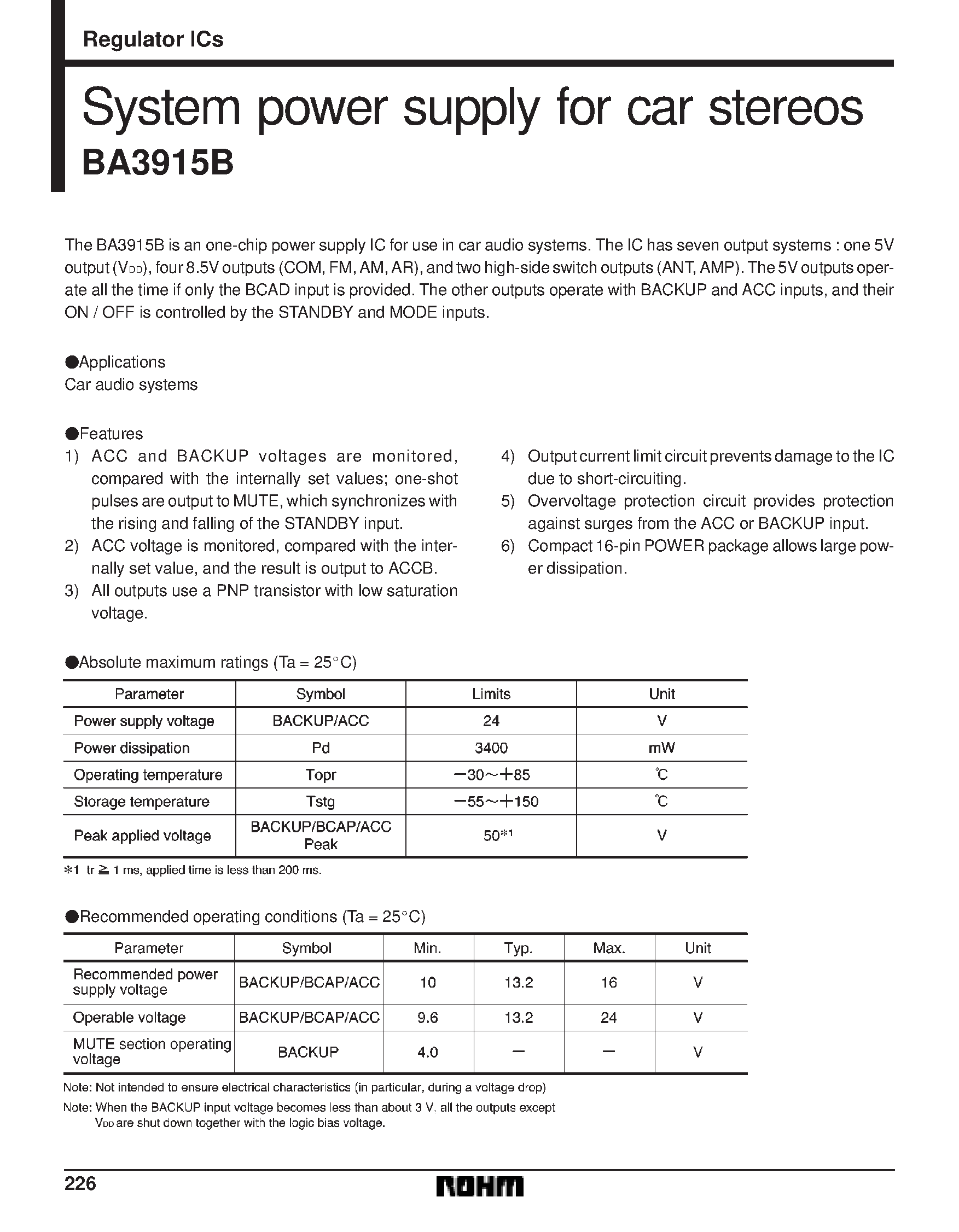 Даташит BA3915B - System power supply for car stereos страница 1
