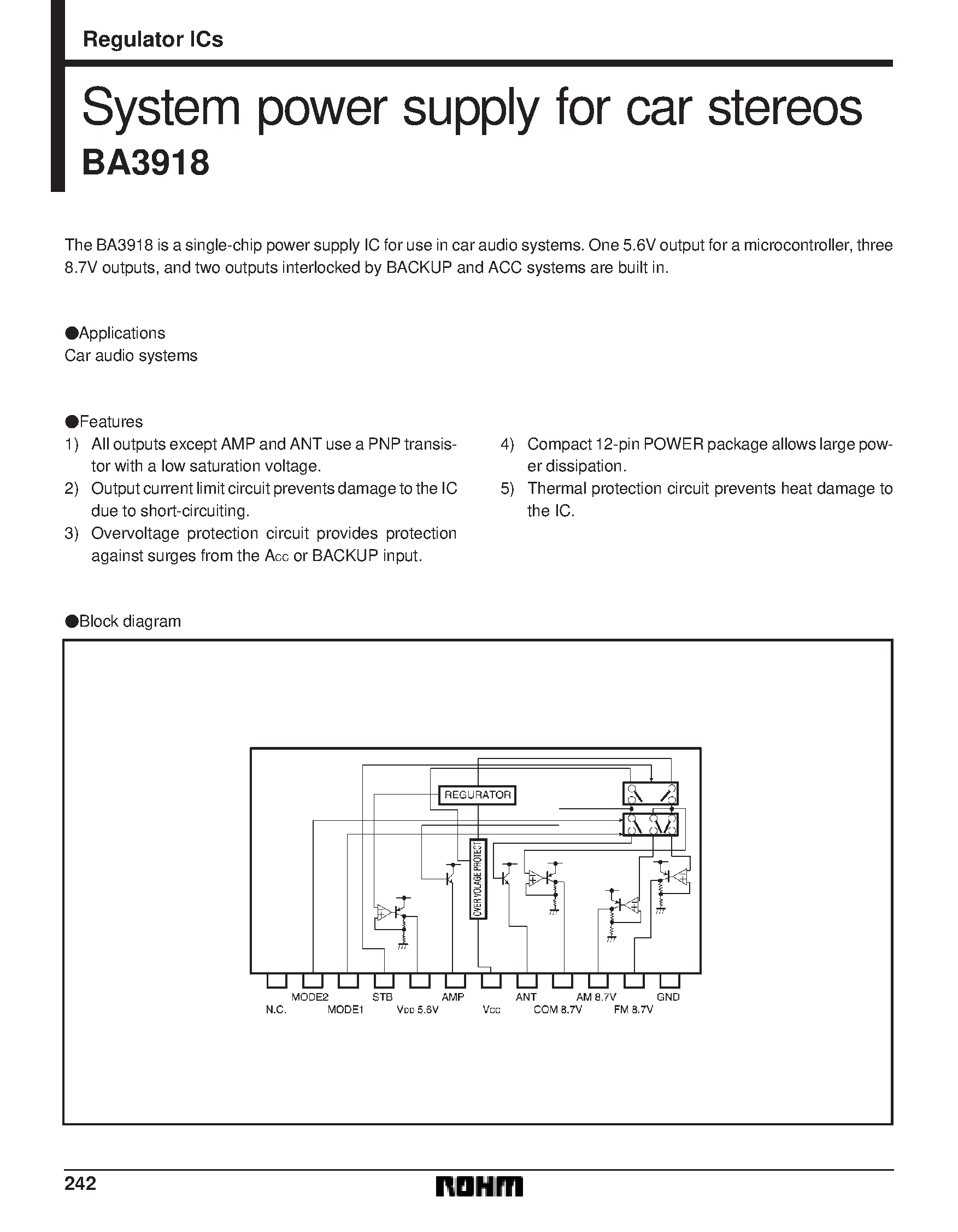 Даташит BA3918 - System power supply for car stereos страница 1