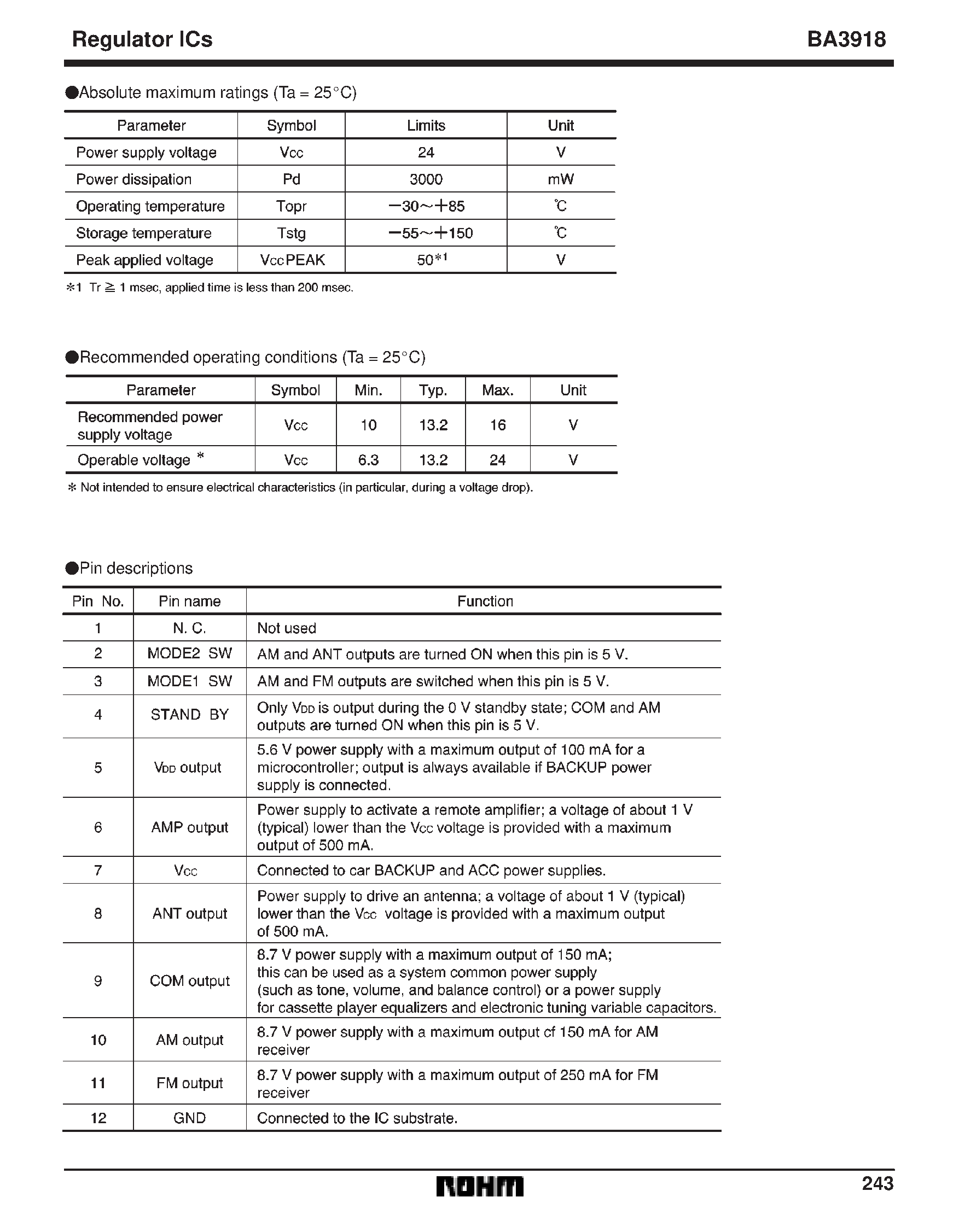 Даташит BA3918 - System power supply for car stereos страница 2