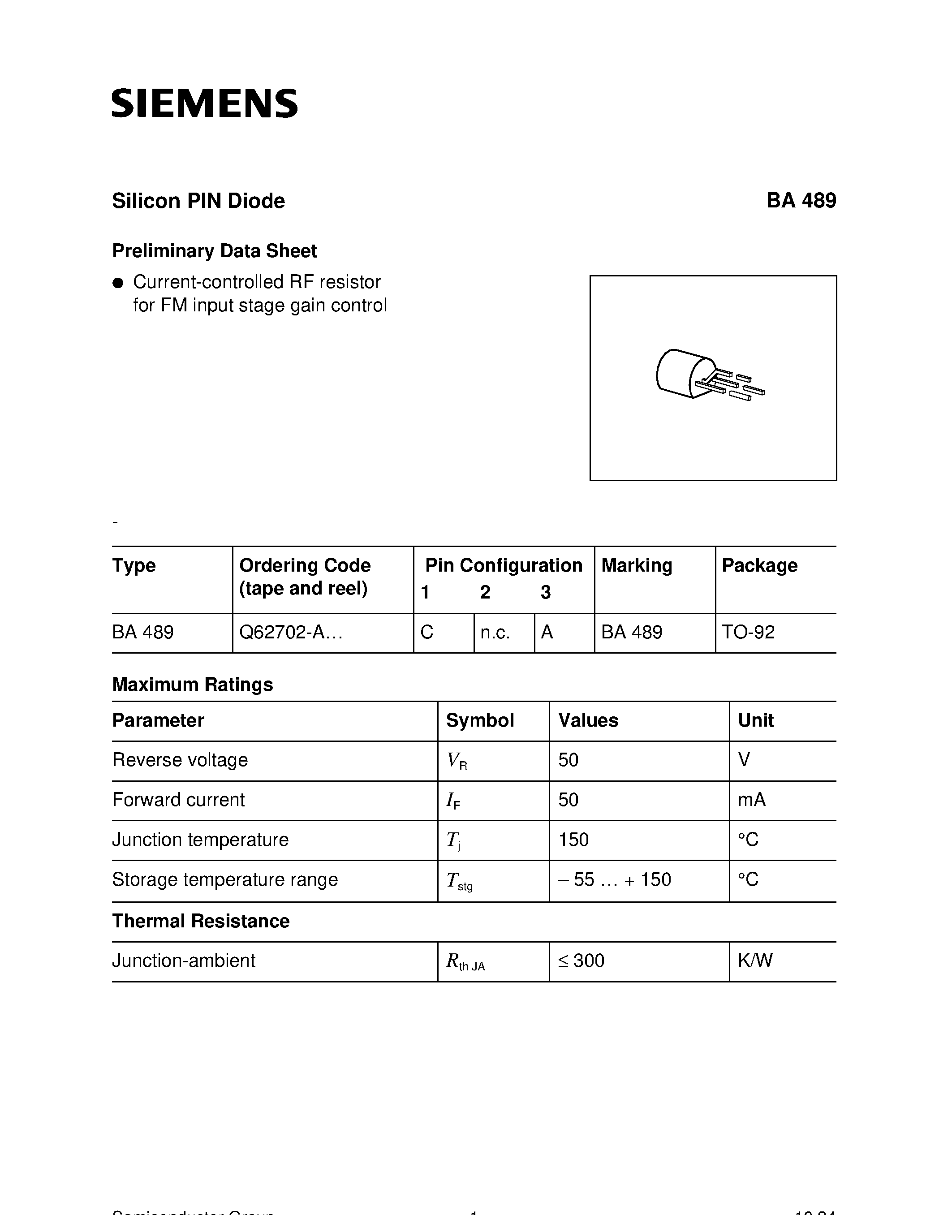 Datasheet BA489 page 1 Datasheet BA489 - Silicon PIN Diode page 1