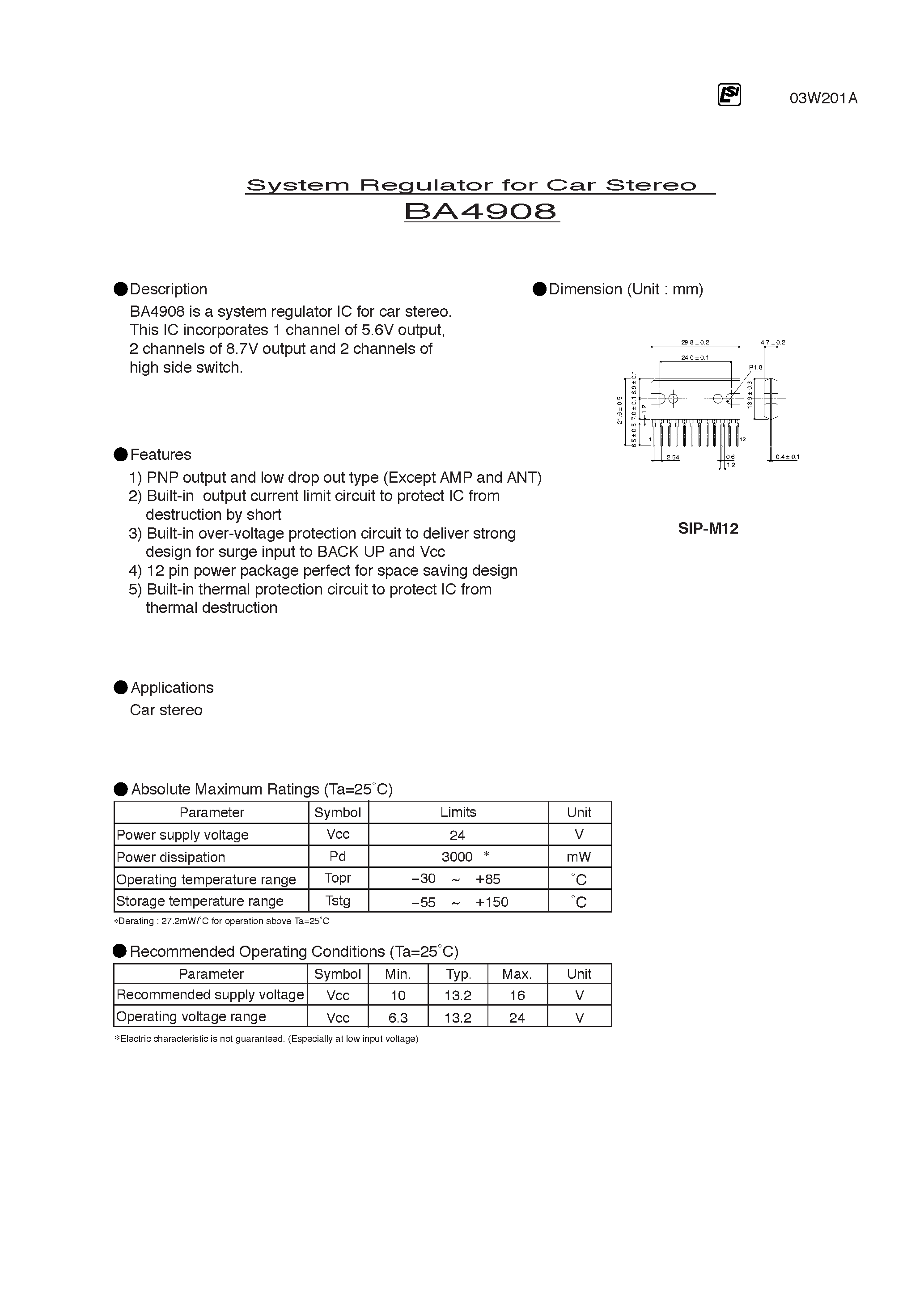 Datasheet BA4908 - System Regulator for Car Stereo page 1