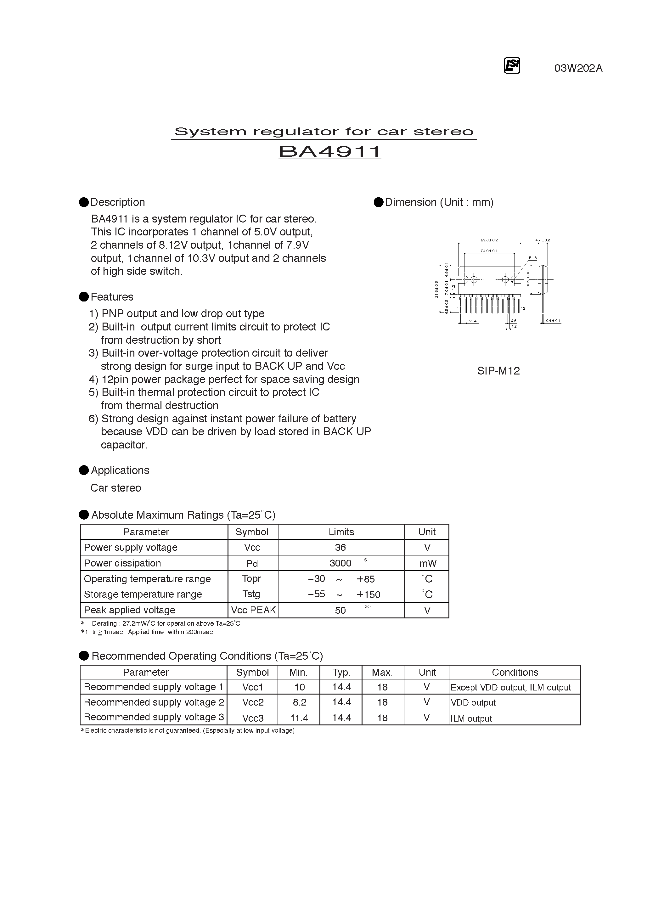 Даташит BA4911 - System regulator for car stereo страница 1