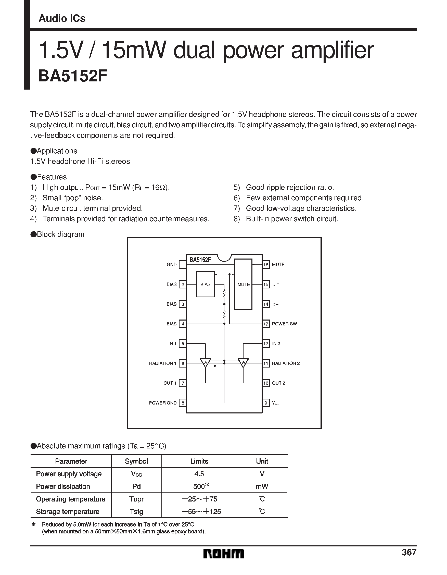 Даташит BA5152F - 1.5V / 15mW dual power amplifier страница 1