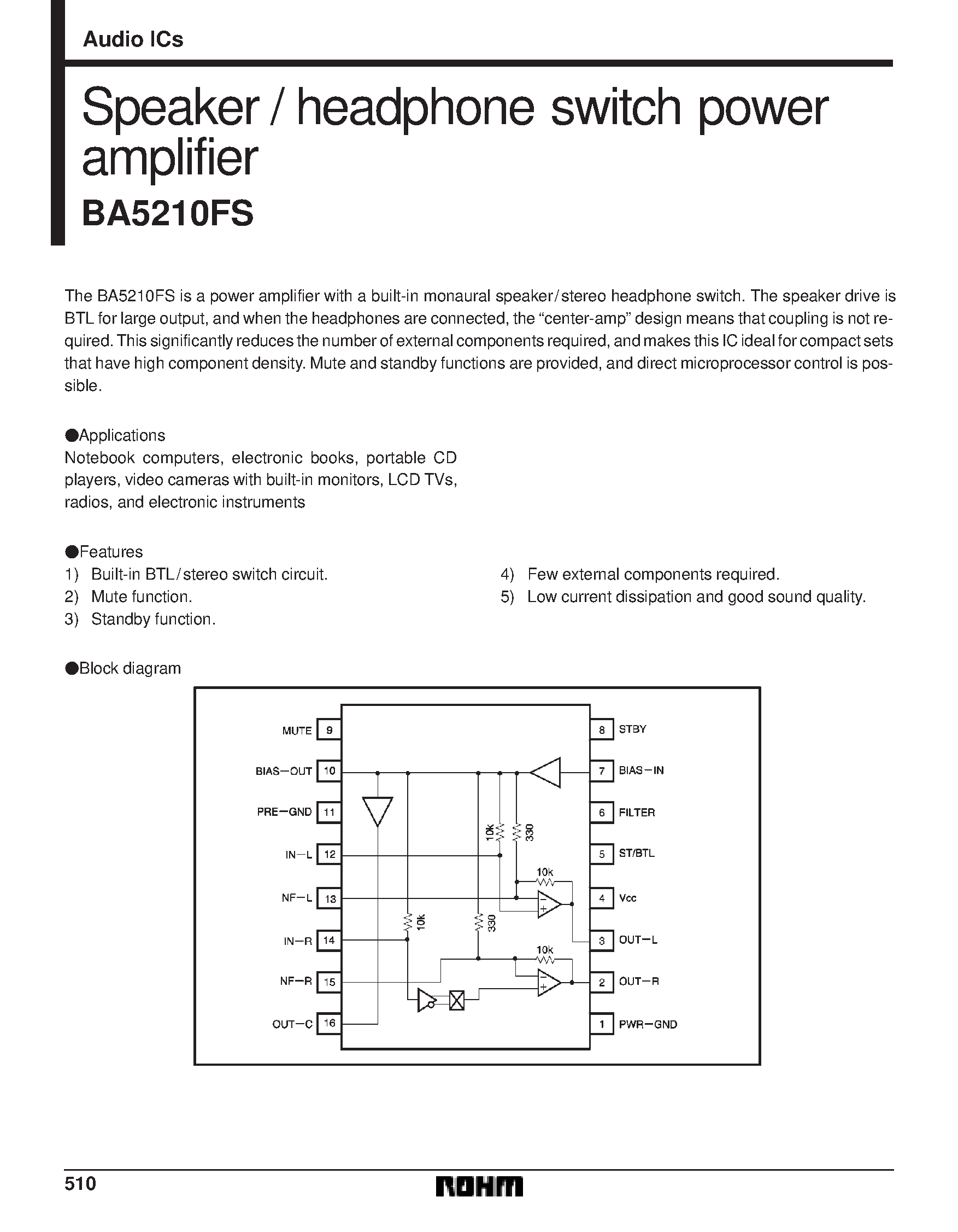 Даташит на микросхему BA5210FS страница 1 Даташит BA5210FS - Speaker / headphone switch power amplifier страница 1