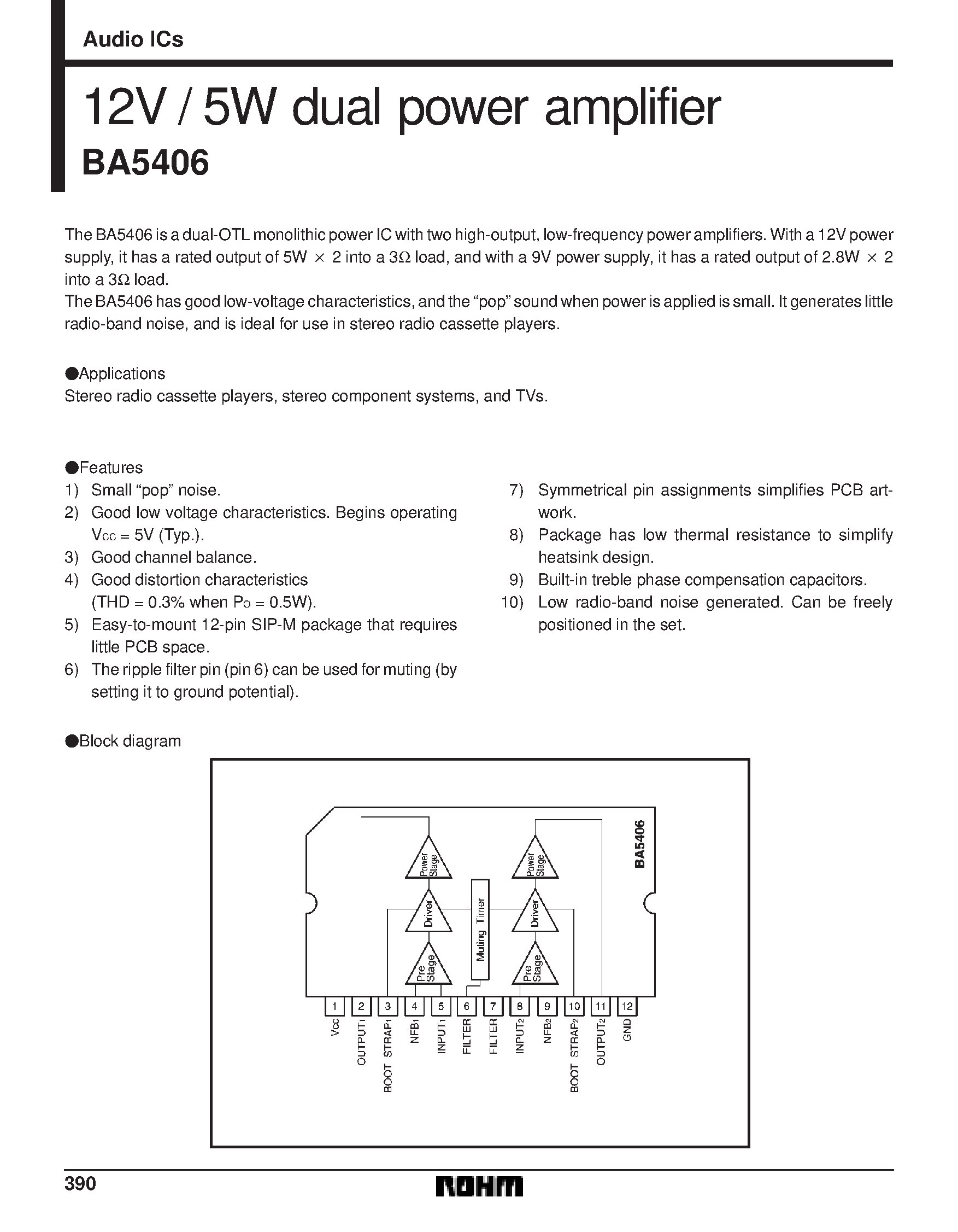 Даташит на микросхему BA5406 страница 1 Даташит BA5406 - 12V / 5W dual power amplifier страница 1