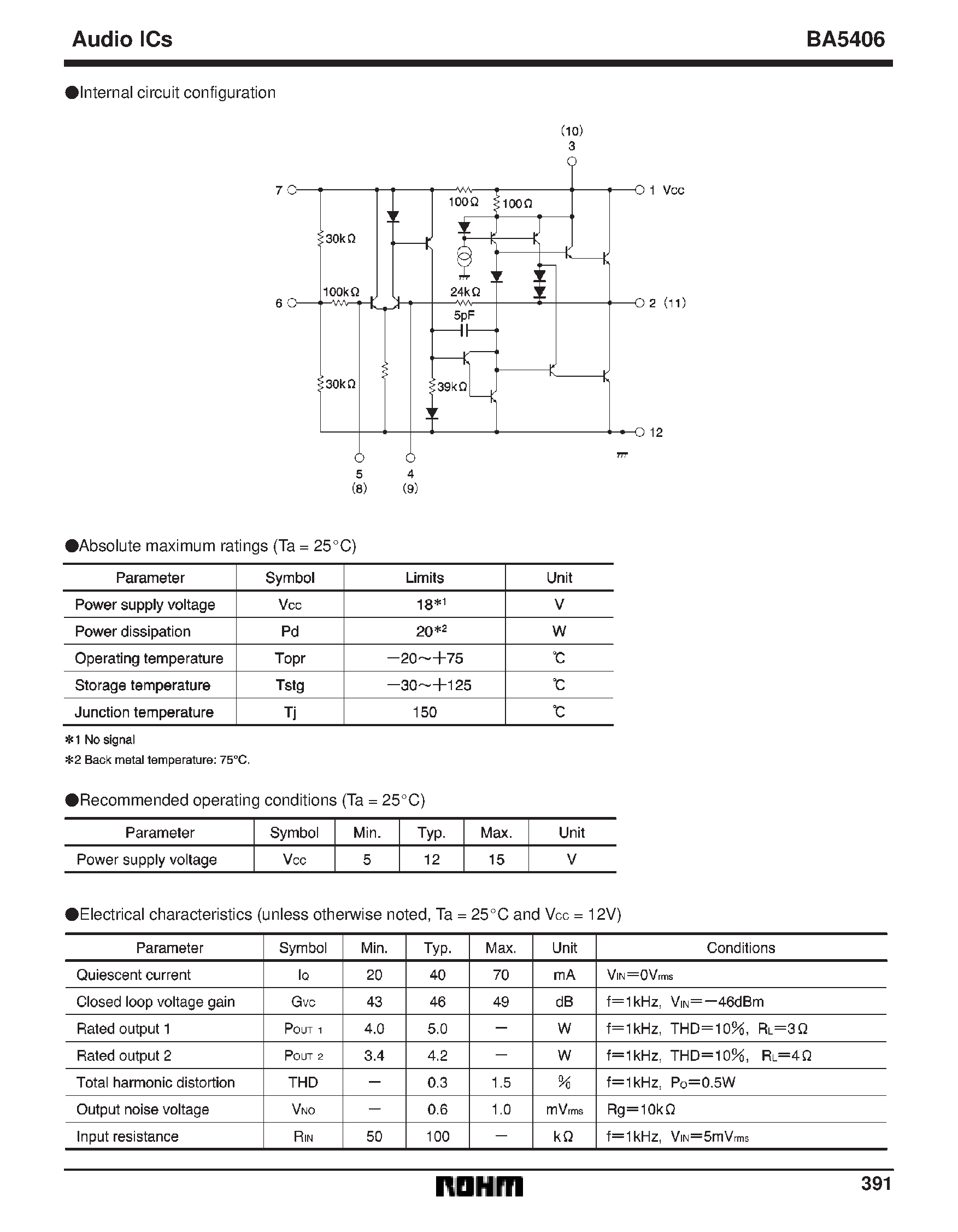 Даташит на микросхему BA5406 страница 2 Даташит BA5406 - 12V / 5W dual power amplifier страница 2