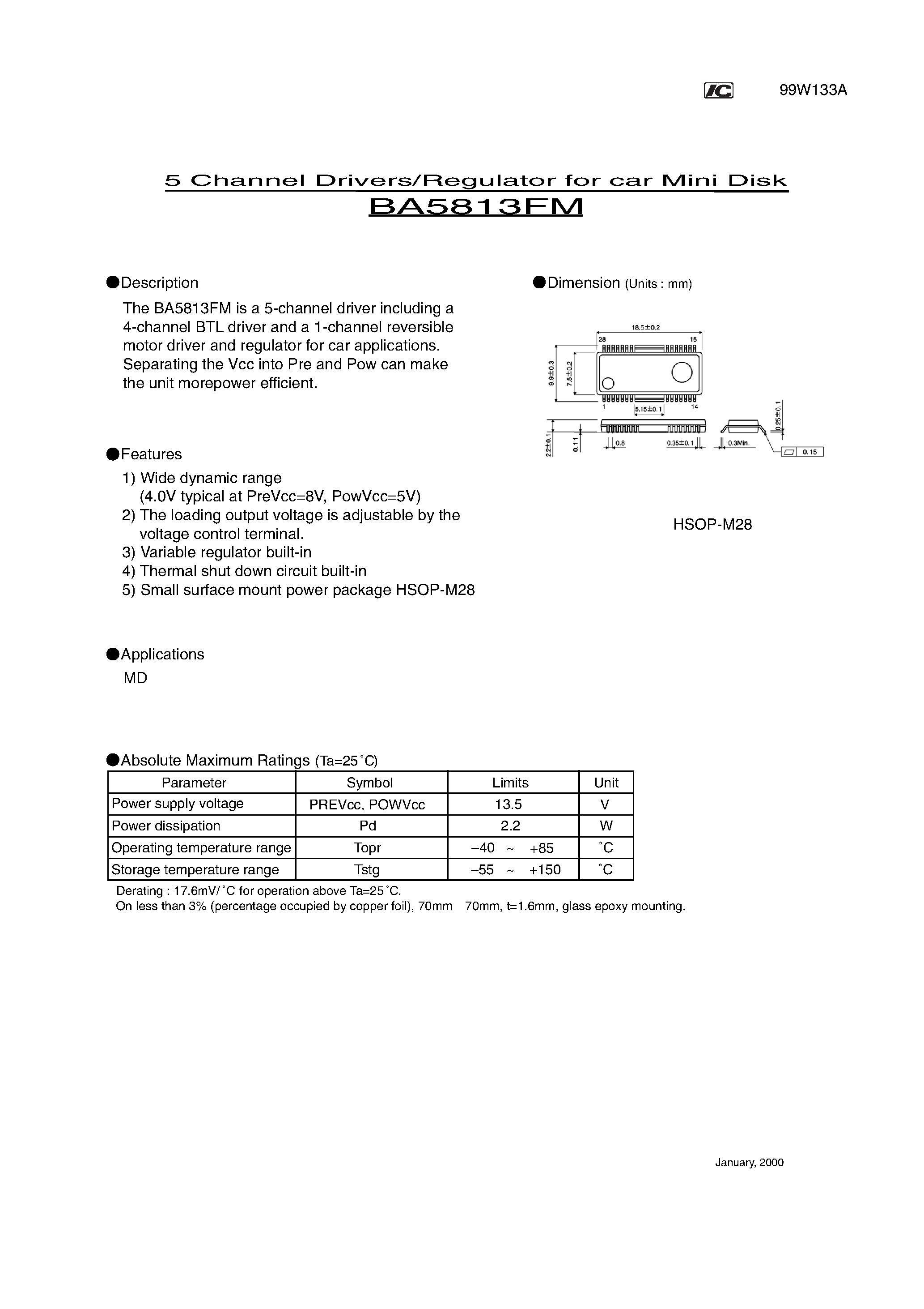 Datasheet BA5813FM - 5 Channel Drivers/Regulator for car Mini Disk page 1