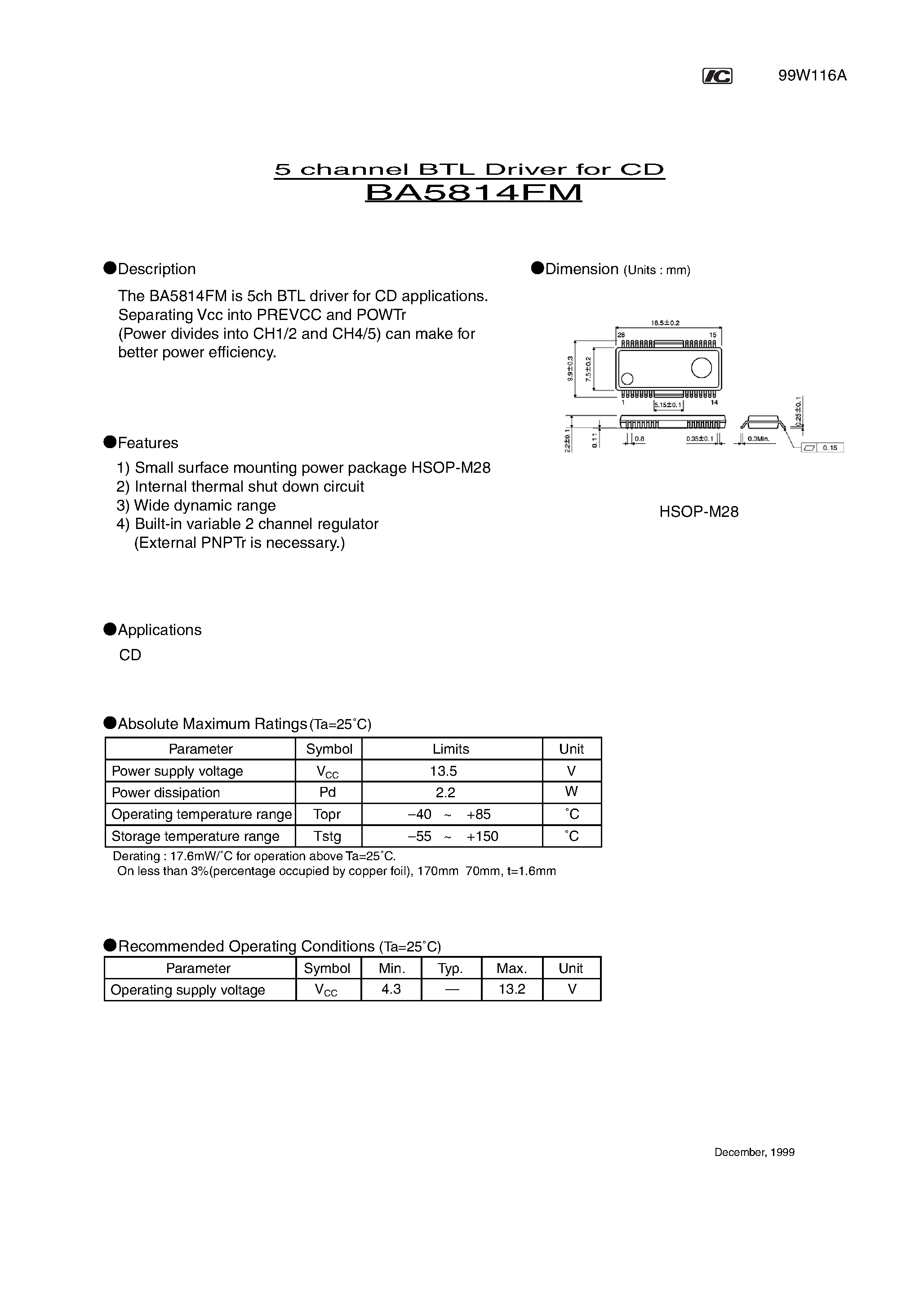 Datasheet BA5814FM - 5 channel BTL Driver for CD page 1