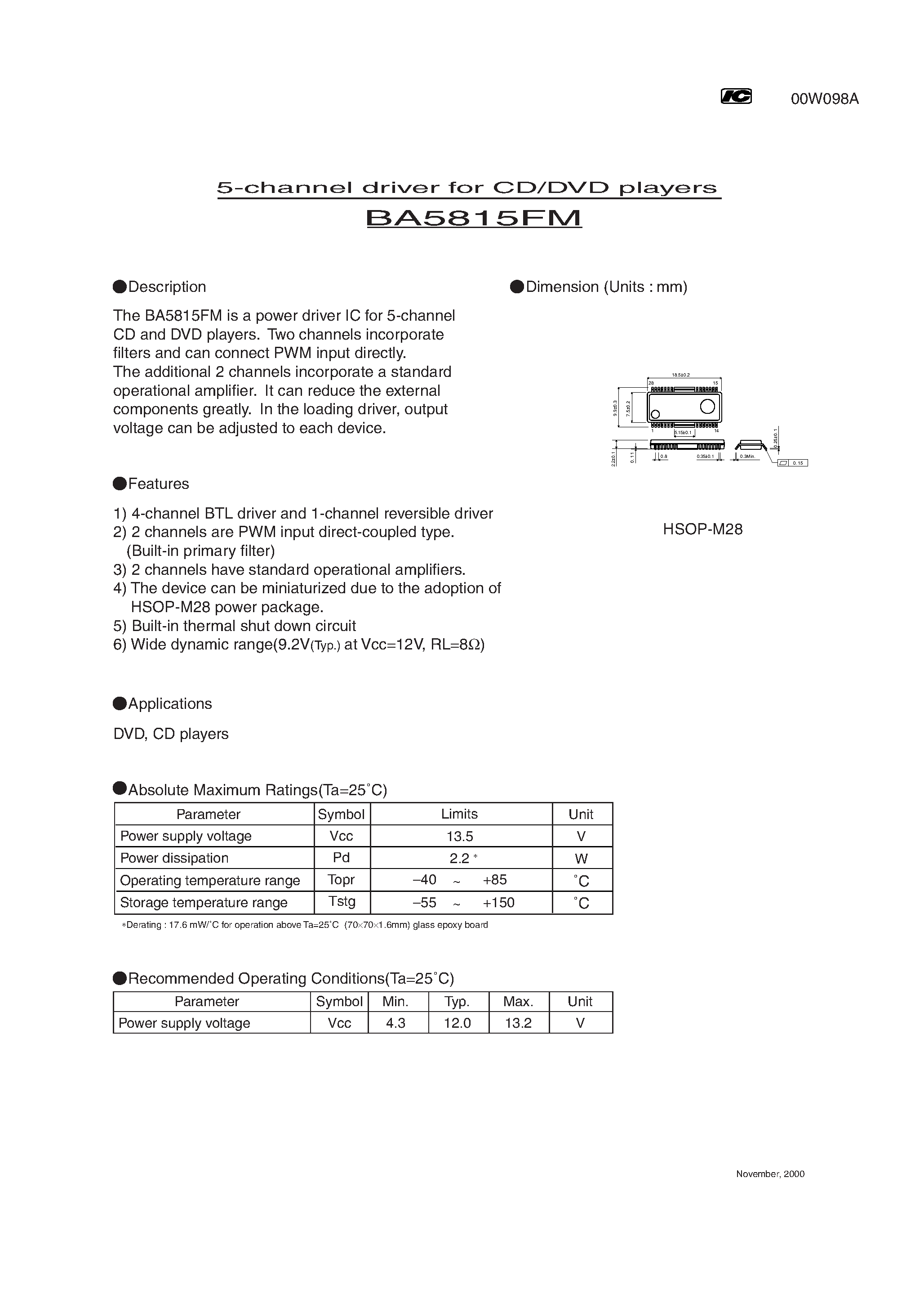 Datasheet BA5815FM page 1 Datasheet BA5815FM - 5-channel driver for CD/DVD players page 1