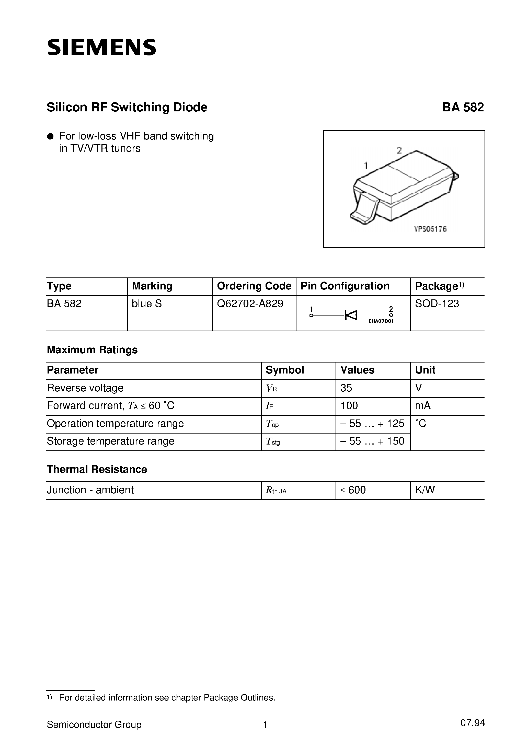 Datasheet BA582 page 1 Datasheet BA582 - Silicon RF Switching Diode page 1