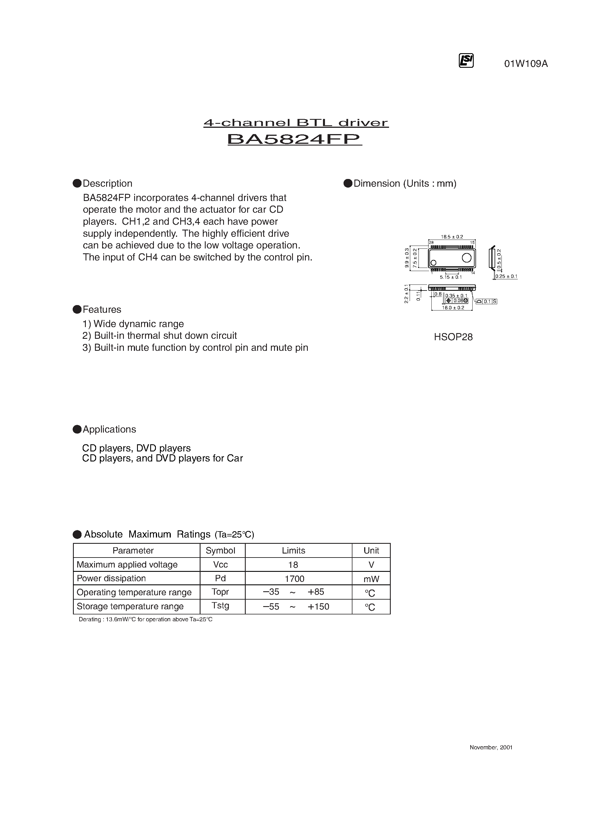 Datasheet BA5824FP - 4-channel BTL driver page 1