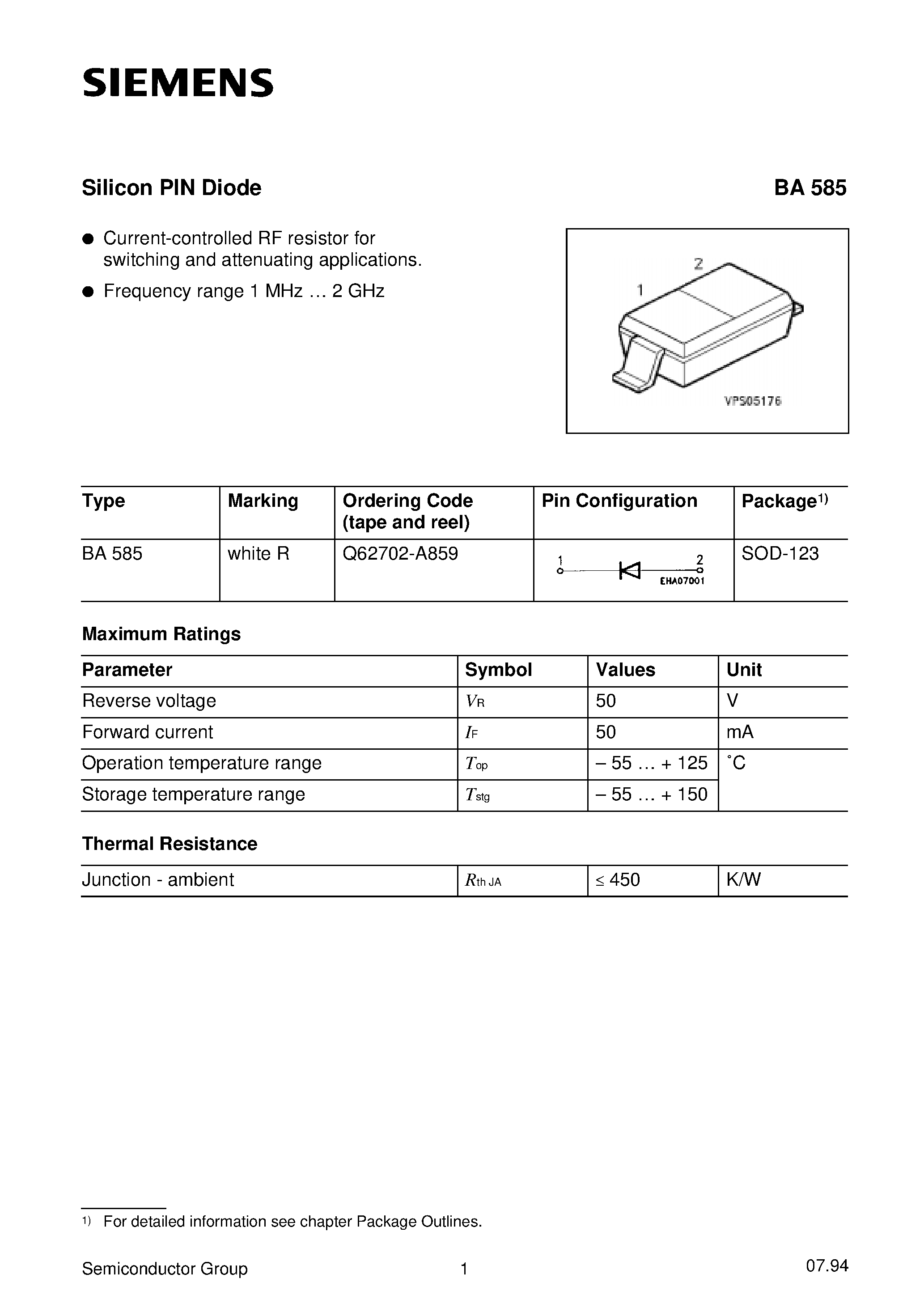 Datasheet BA585 page 1 Datasheet BA585 - Silicon PIN Diode page 1