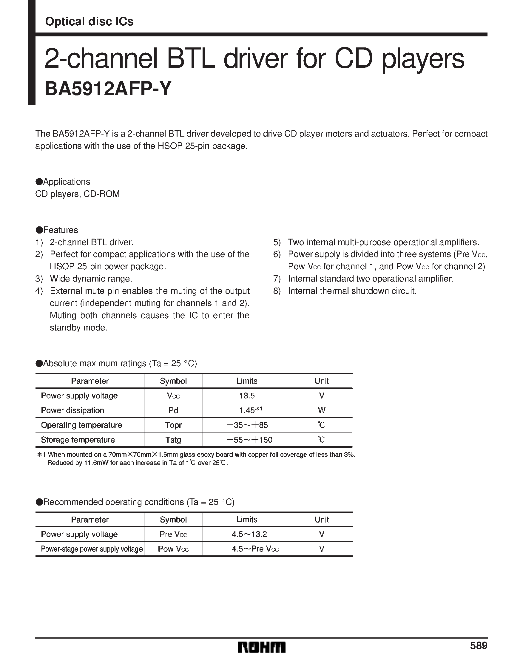 Даташит на микросхему BA5912 страница 1 Даташит BA5912 - 2-channel BTL driver for CD players страница 1