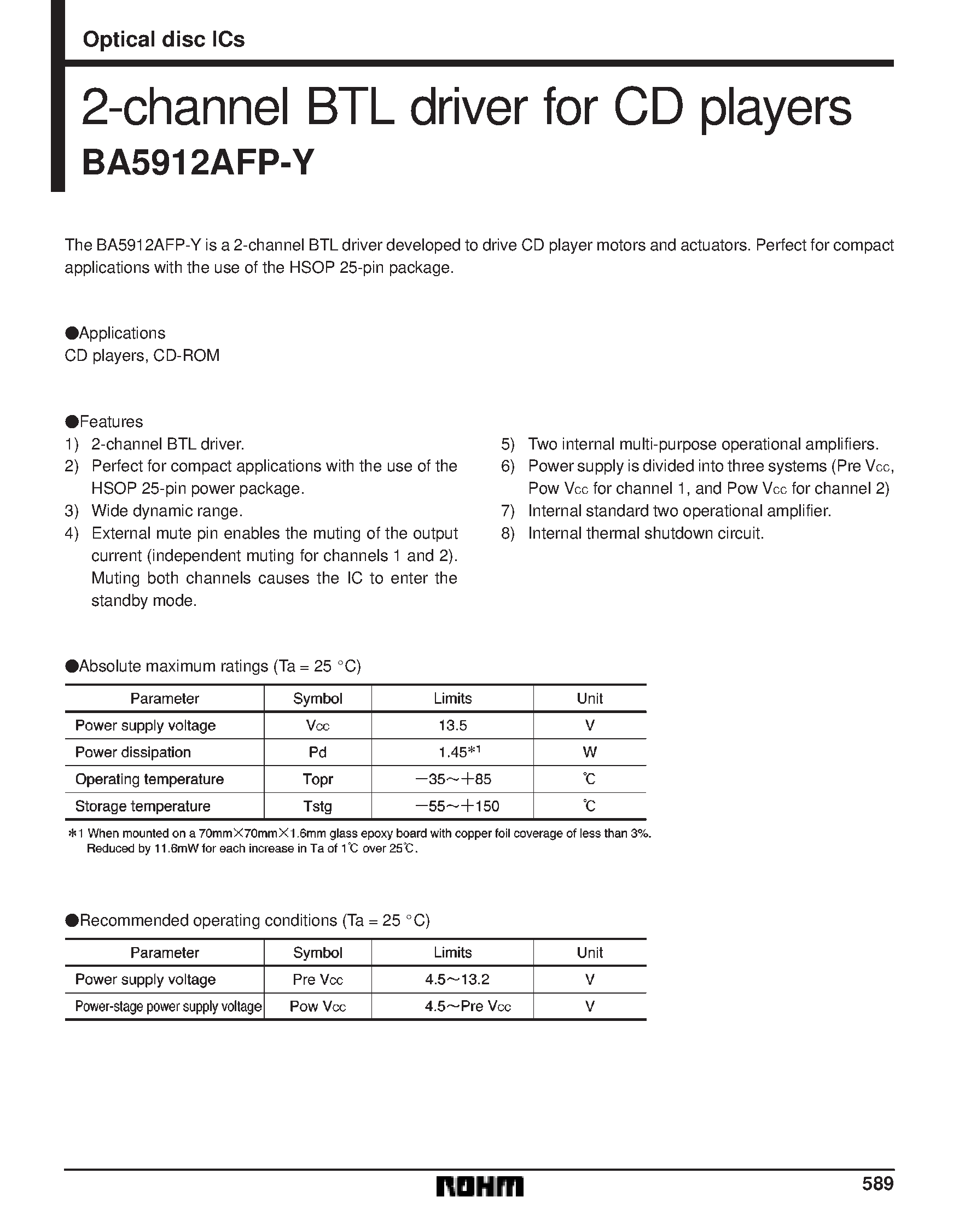 Datasheet BA5912AFP-Y - 2-channel BTL driver for CD players page 1