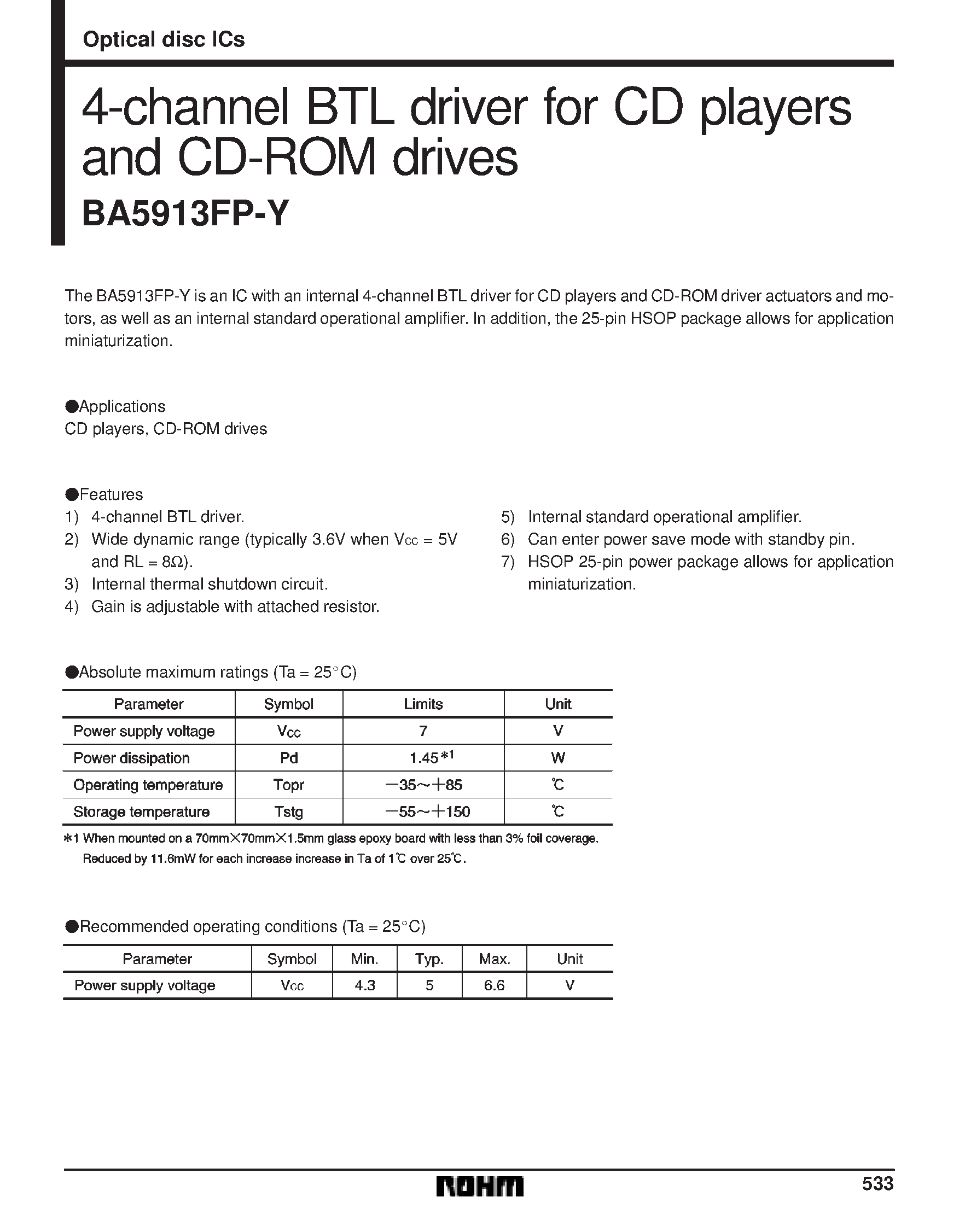 Datasheet BA5913 - 4-channel BTL driver for CD players and CD-ROM drives page 1