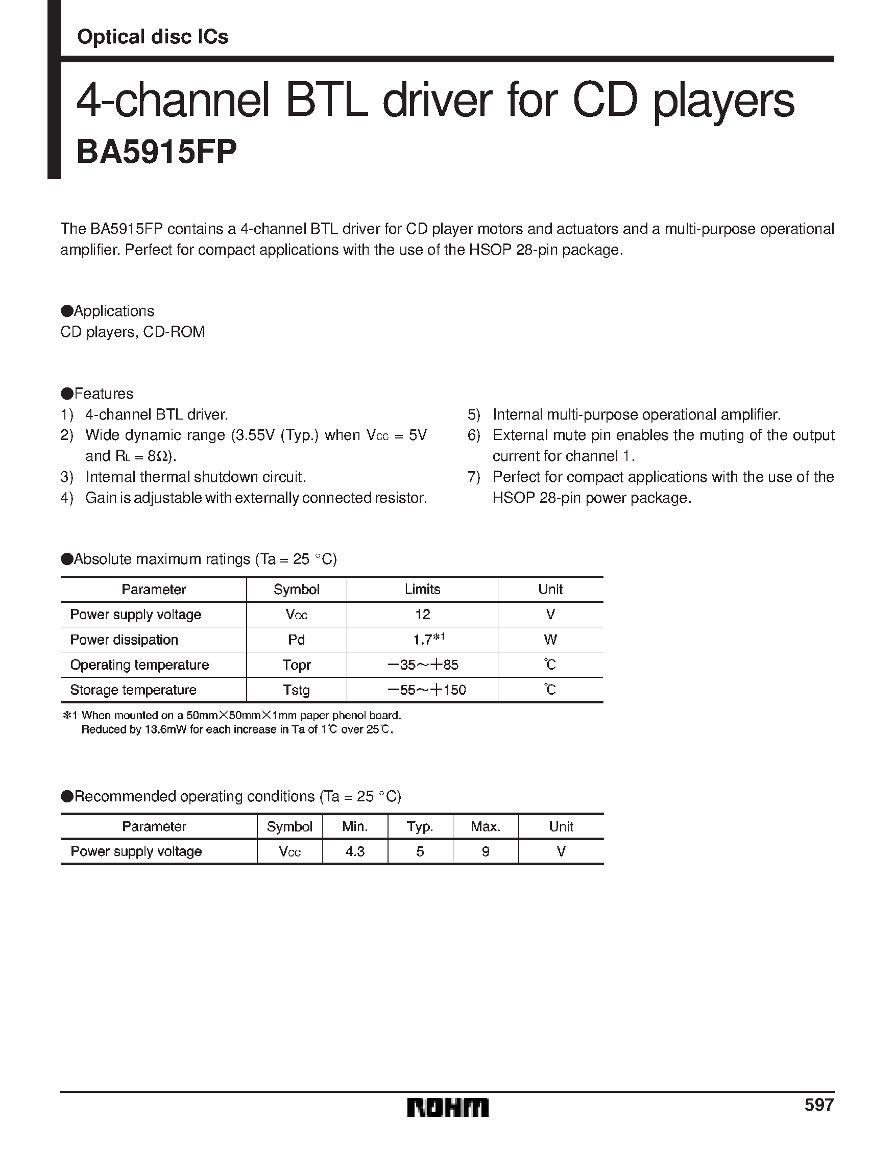 Datasheet BA5915FP - 4-channel BTL driver for CD players page 1