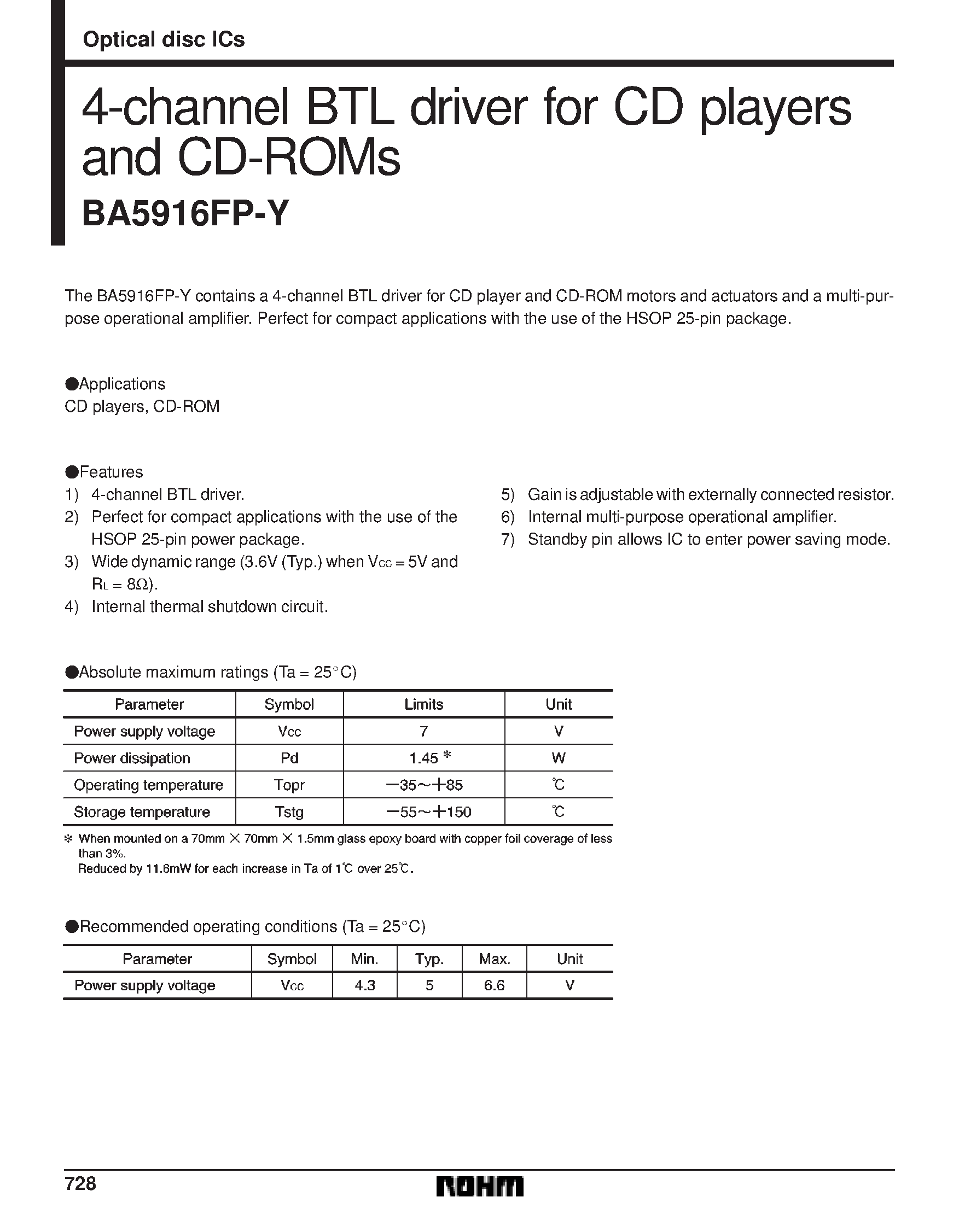 Datasheet BA5916FP - 4-channel BTL driver for CD players and CD-ROMs page 1
