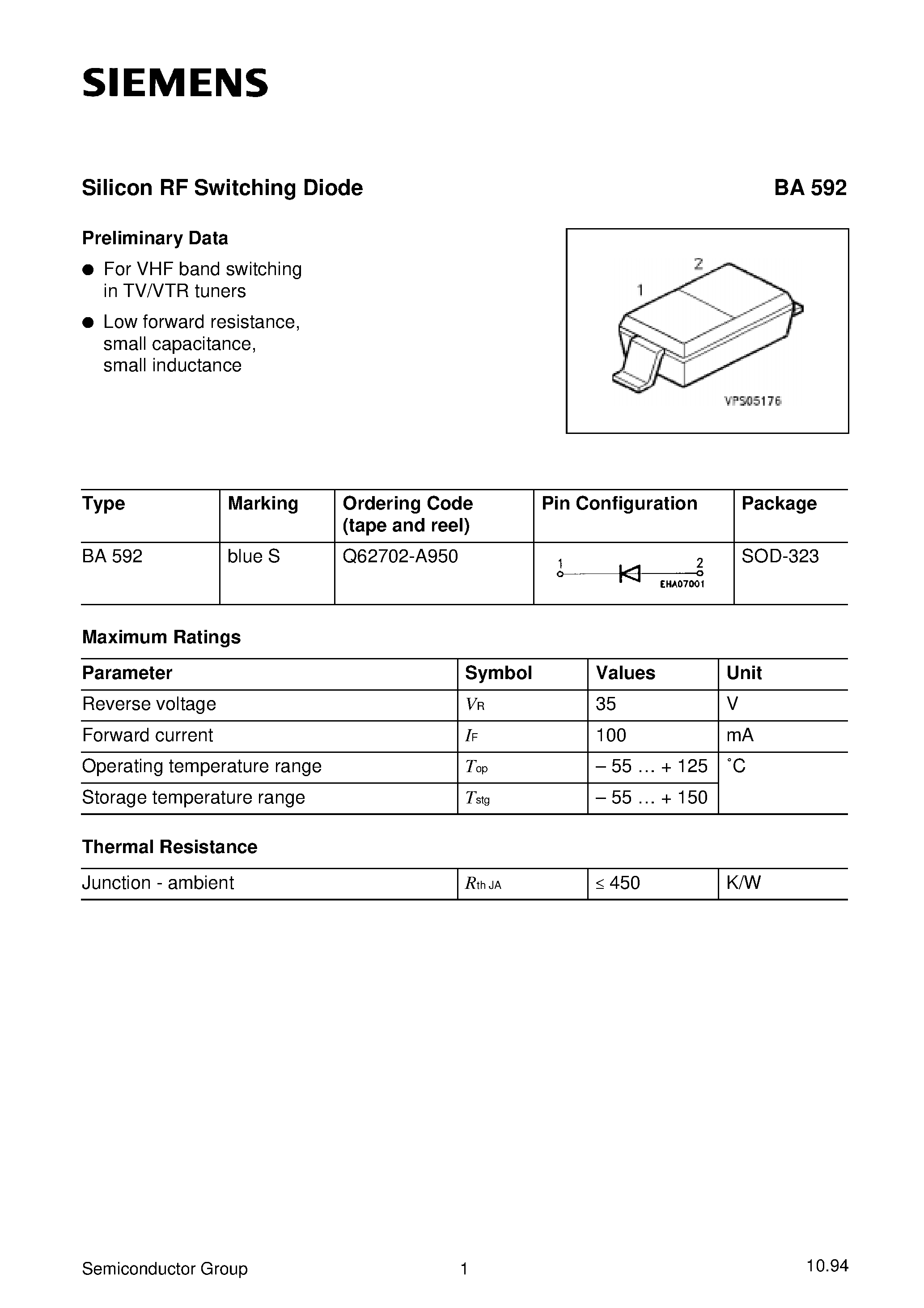 Datasheet BA592 page 1 Datasheet BA592 - Silicon RF Switching Diode page 1