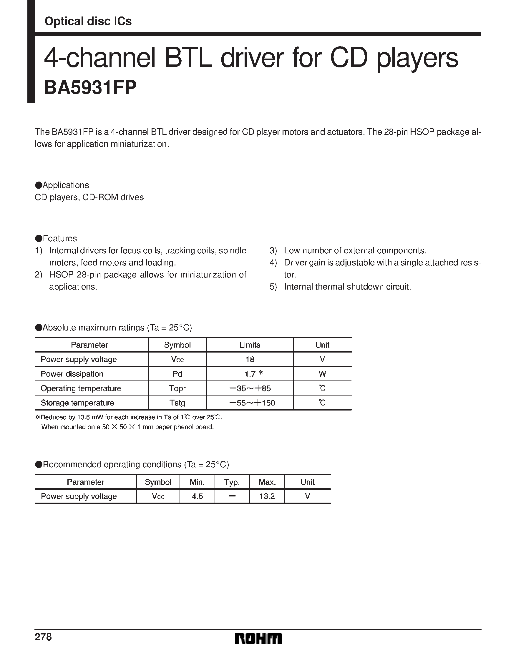 Datasheet BA5931FP - 4-channel BTL driver for CD players page 1
