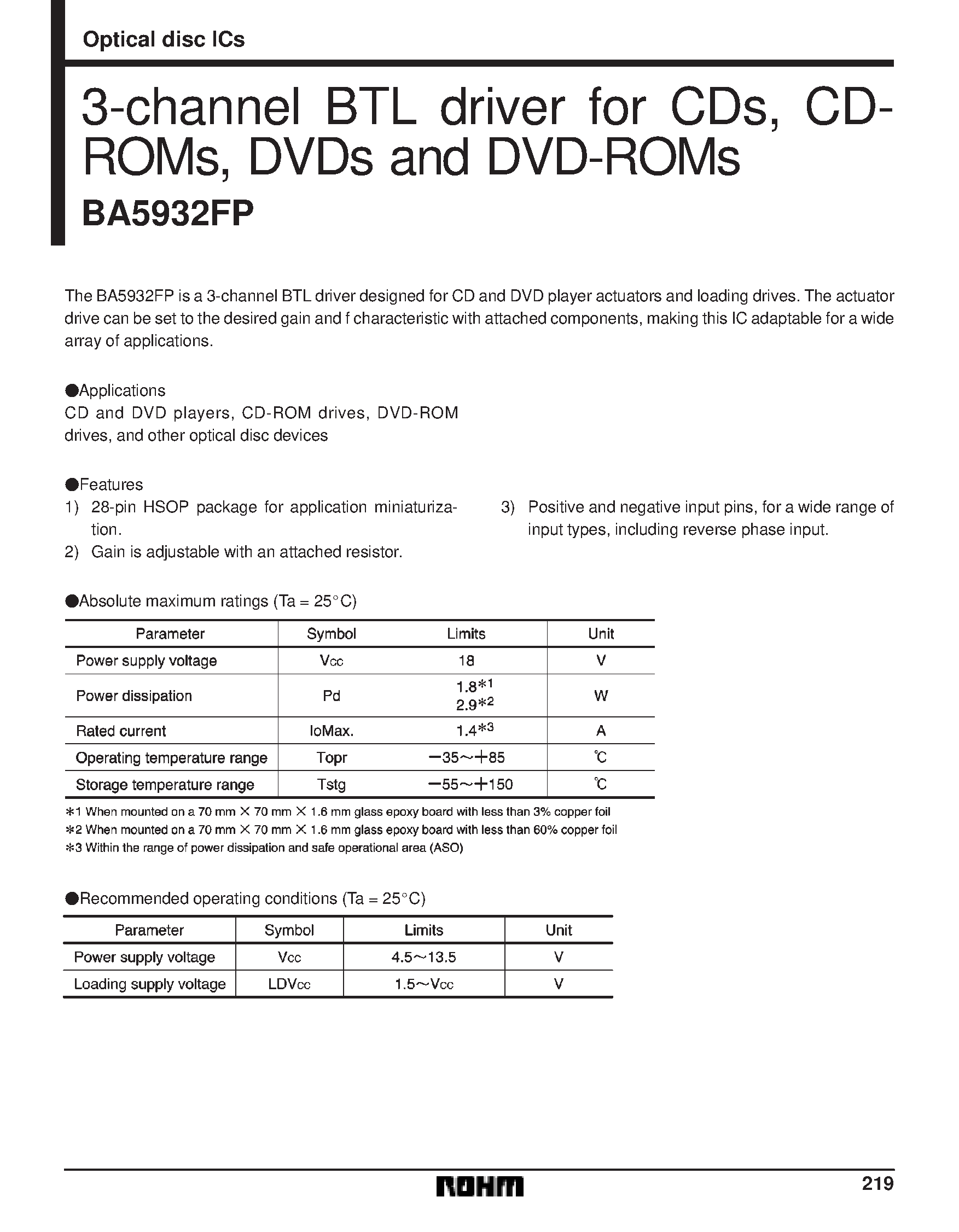 Datasheet BA5932 page 1 Datasheet BA5932 - 3-channel BTL driver for CDs/ CDROMs/ DVDs and DVD-ROMs page 1