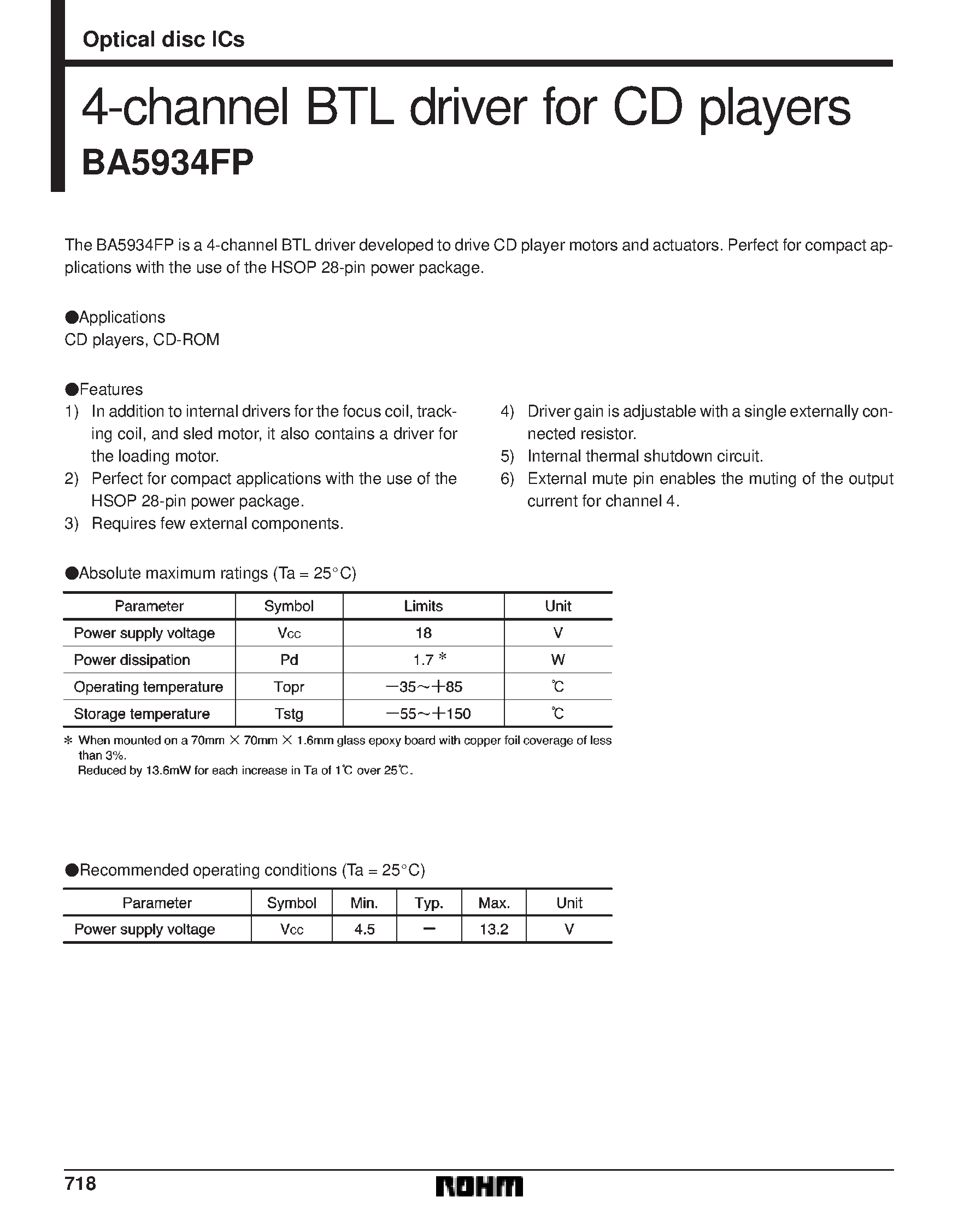 Datasheet BA5934FP - 4-channel BTL driver for CD players page 1