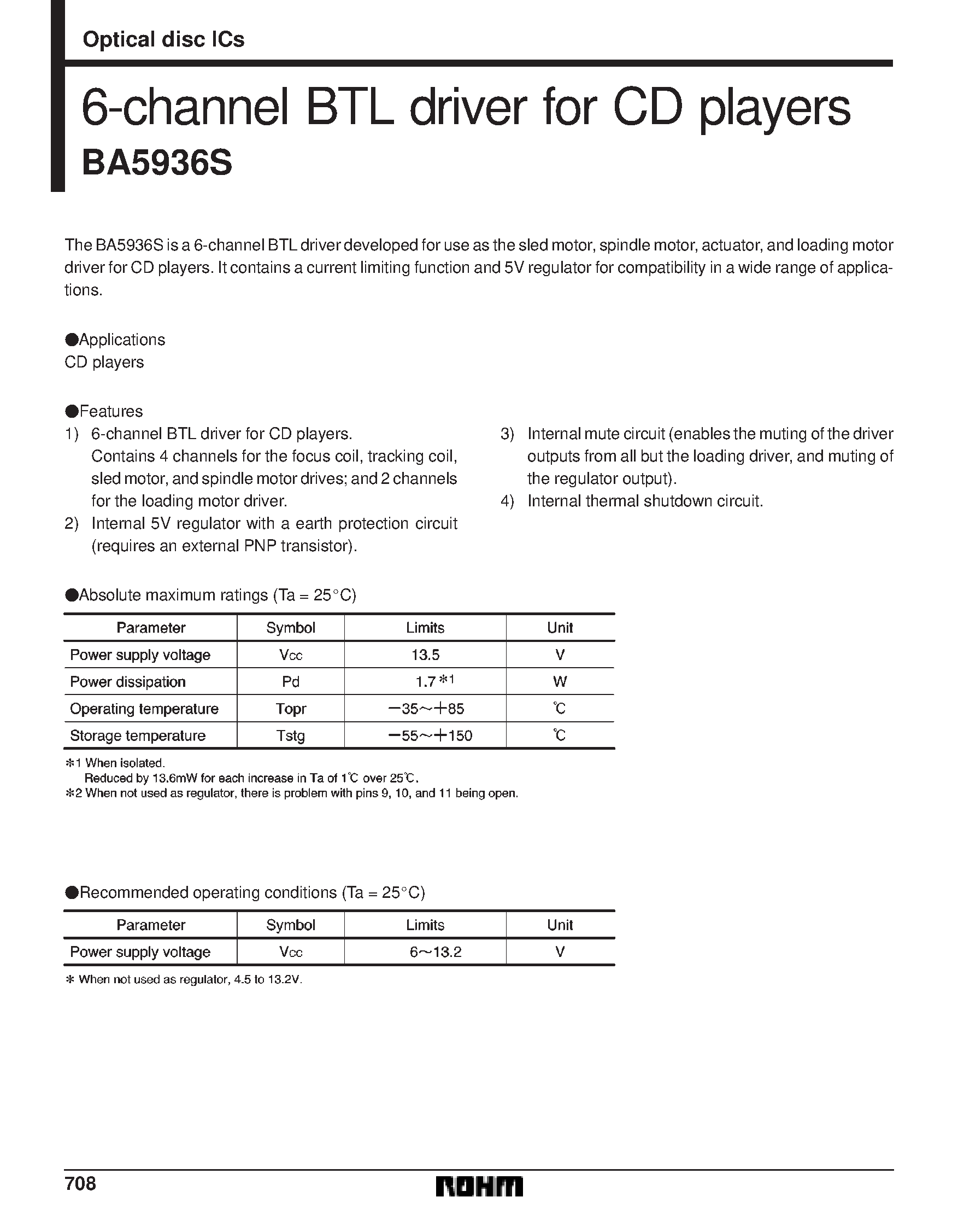 Datasheet BA5936S - 6-channel BTL driver for CD players page 1