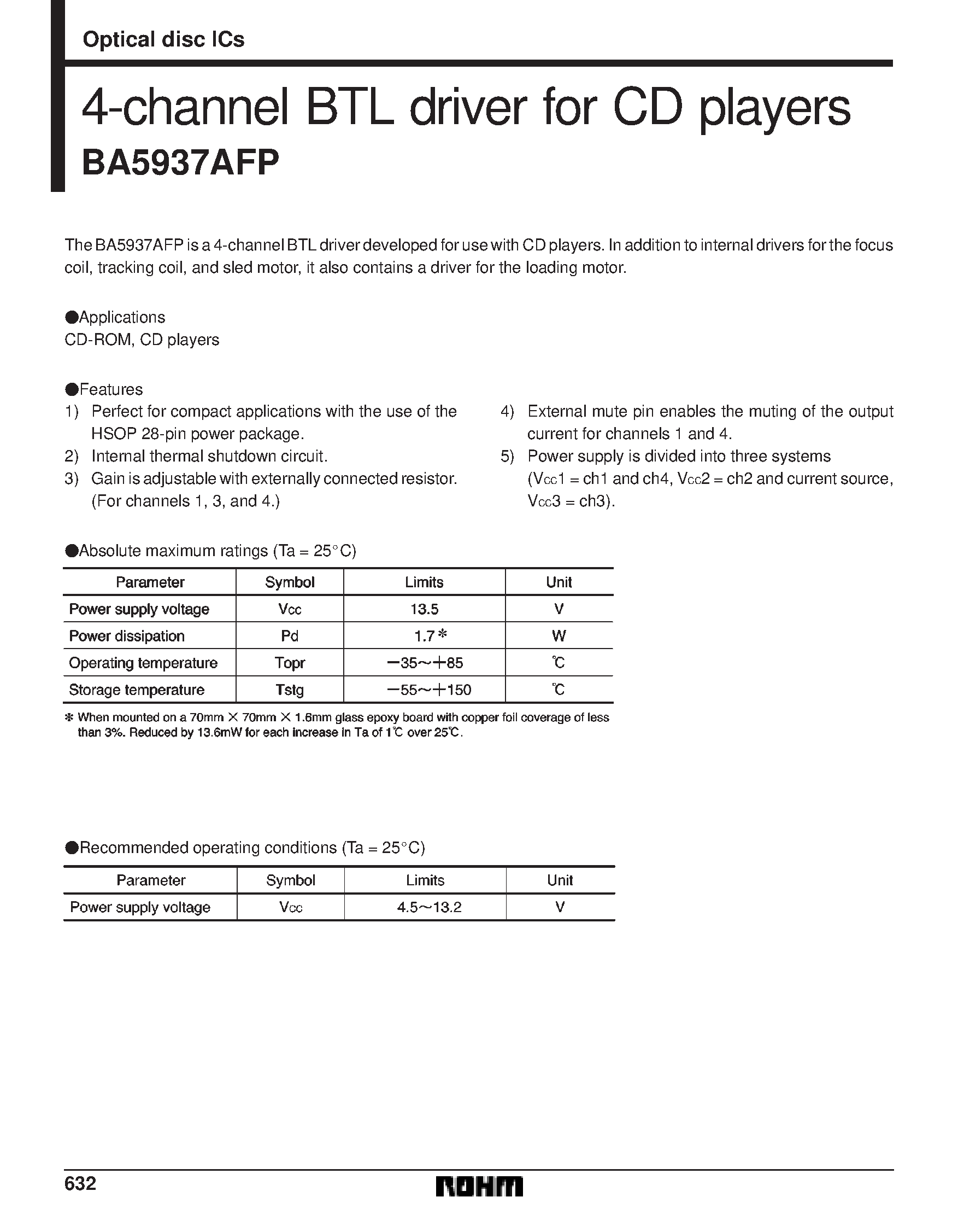 Datasheet BA5937AFP - 4-channel BTL driver for CD players page 1