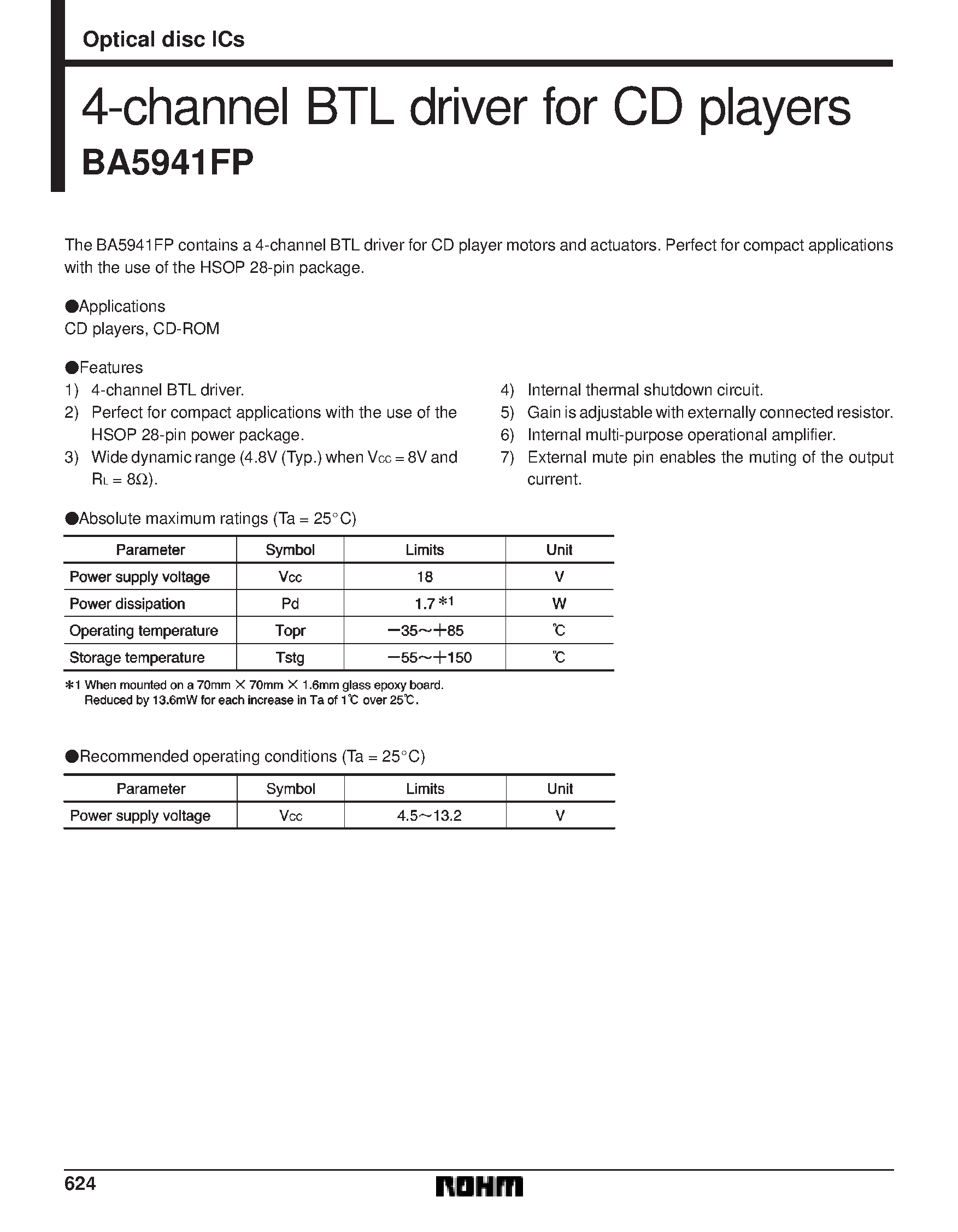 Datasheet BA5941FP - 4-channel BTL driver for CD players page 1