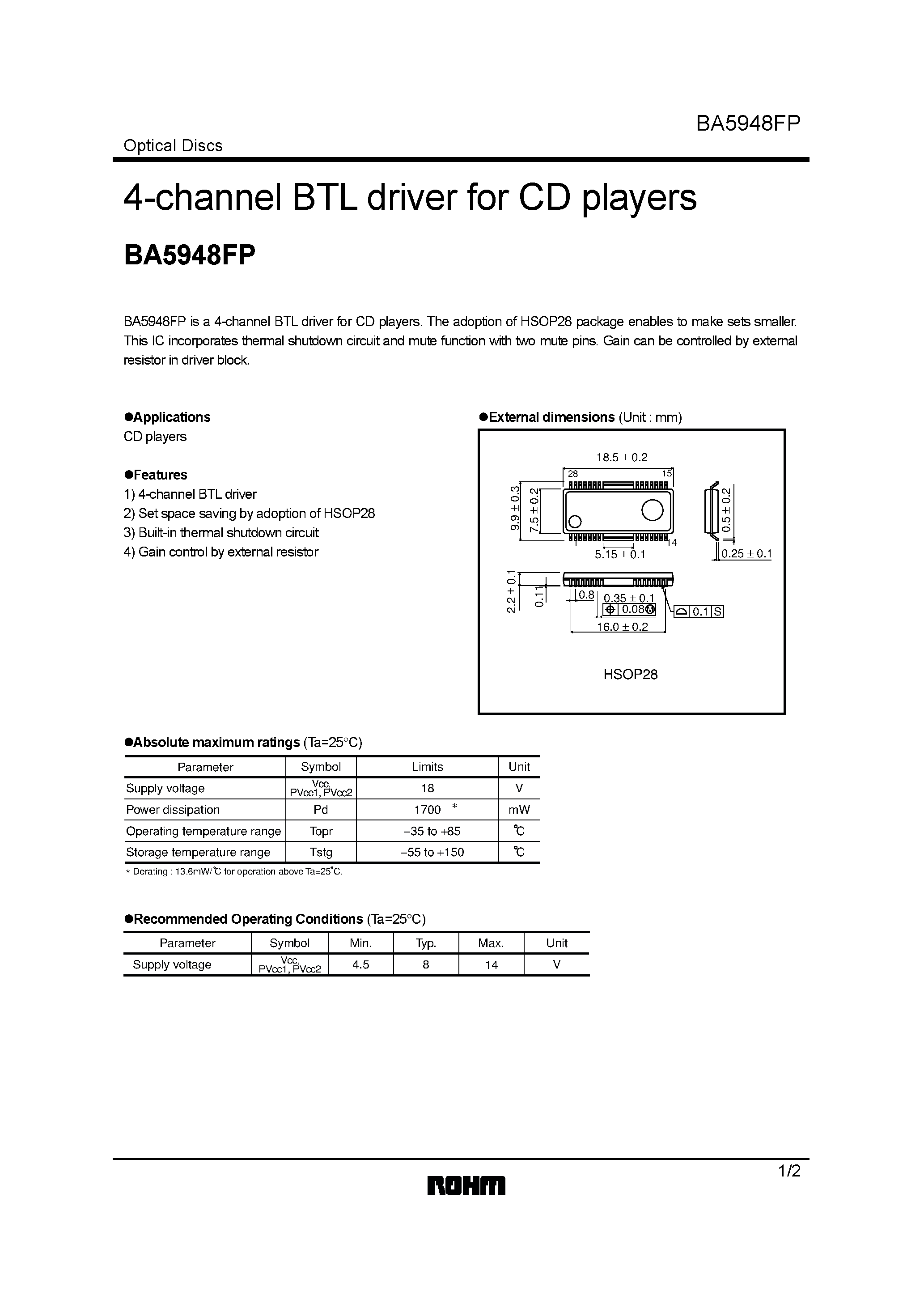 Datasheet BA5948FP - 4-channel BTL driver for CD players page 1