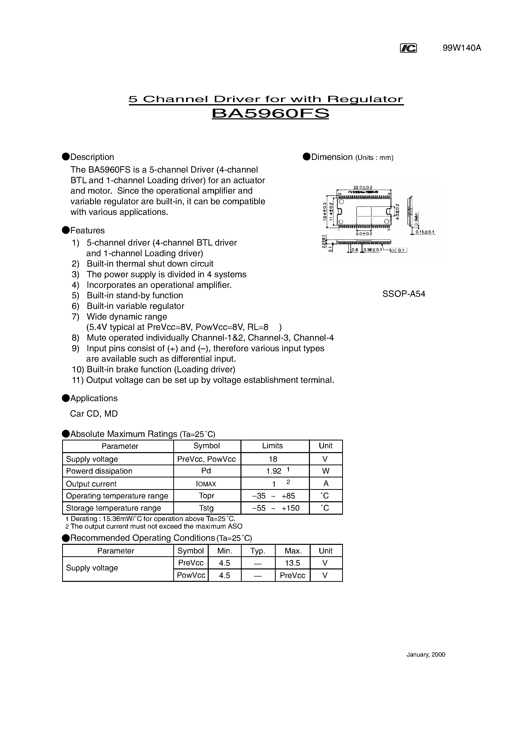 Datasheet BA5960FS - 5 Channel Driver for with Regulator page 1