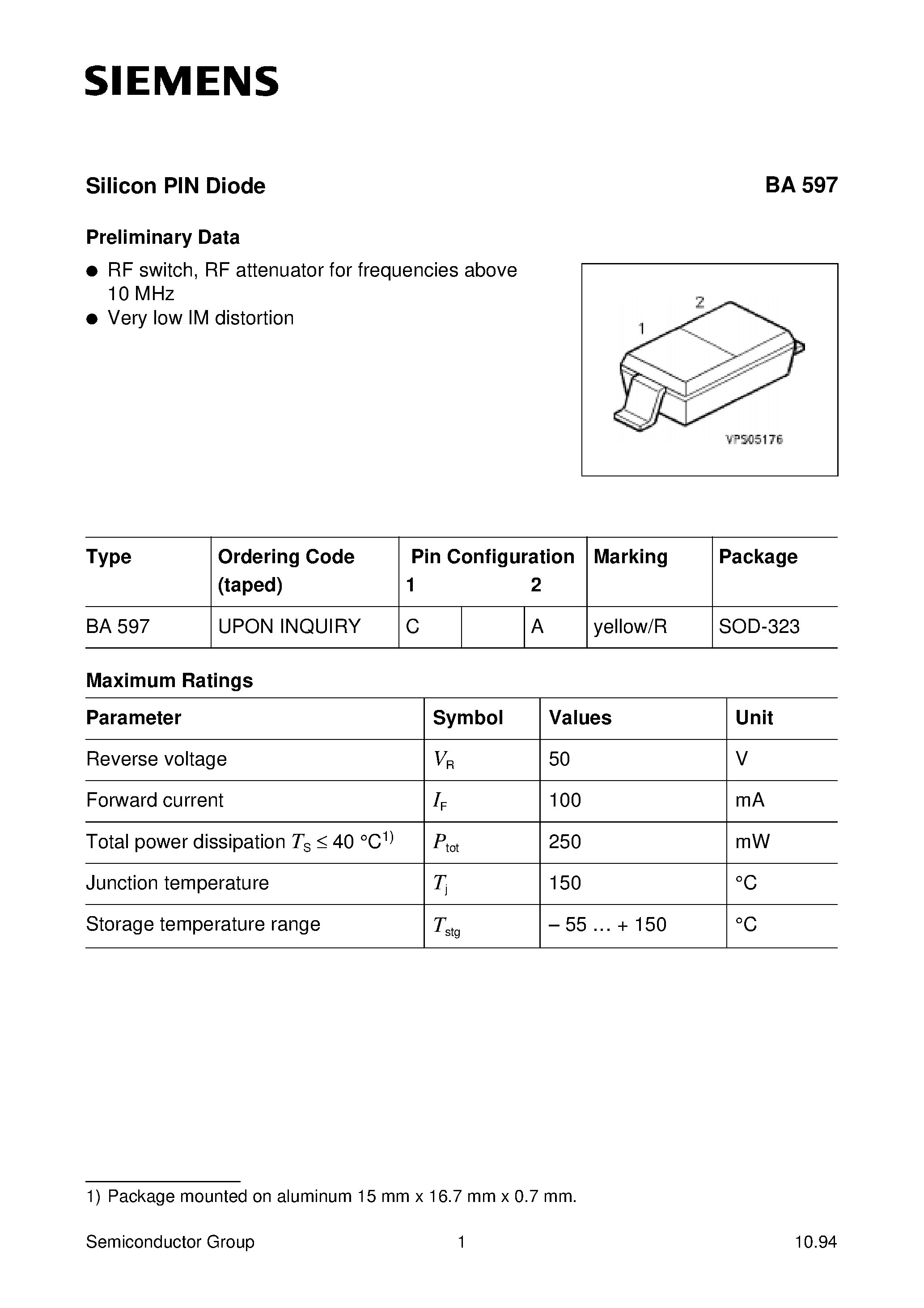 Datasheet BA597 page 1 Datasheet BA597 - Silicon PIN Diode page 1