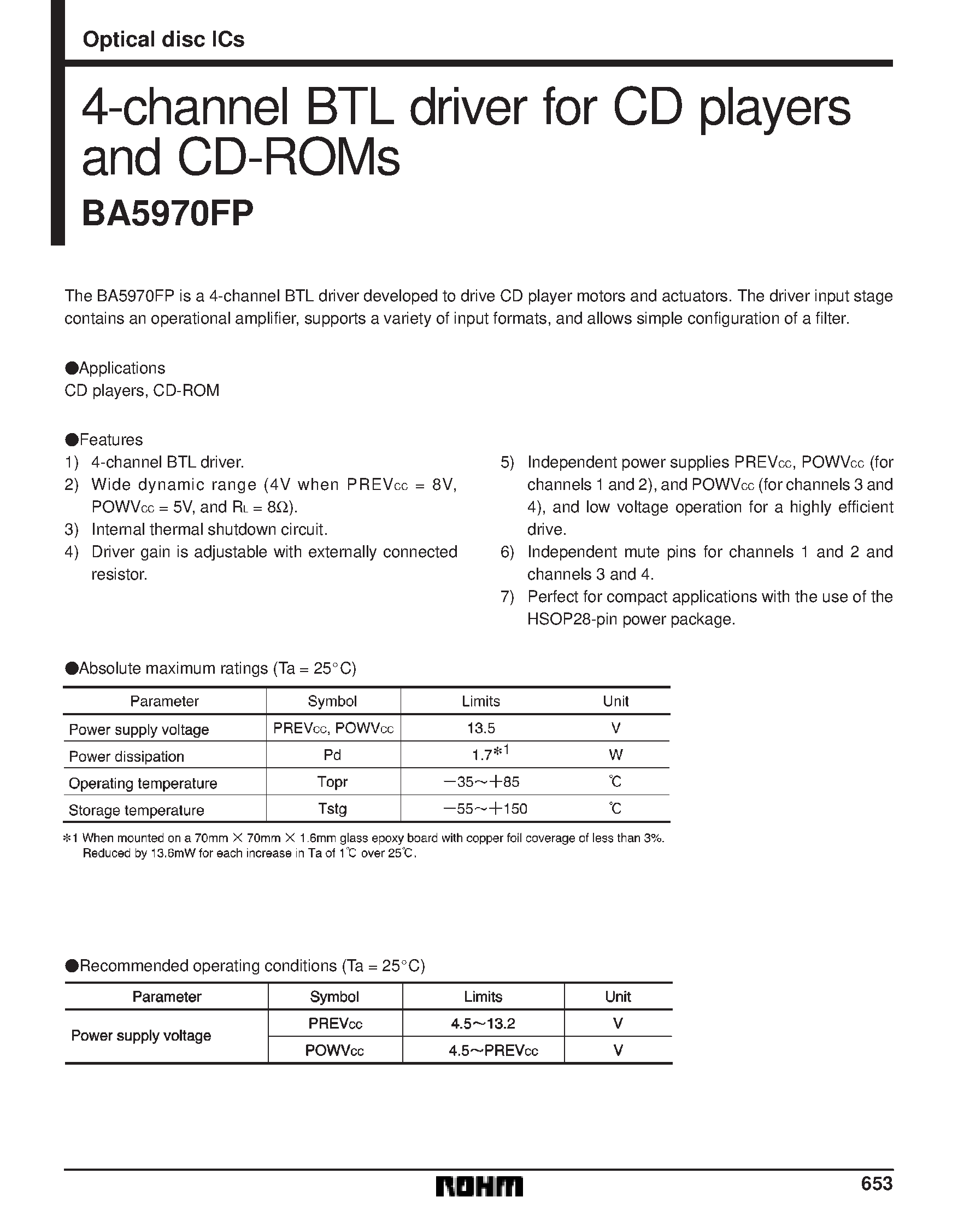 Datasheet BA5970FP - 4-channel BTL driver for CD players and CD-ROMs page 1