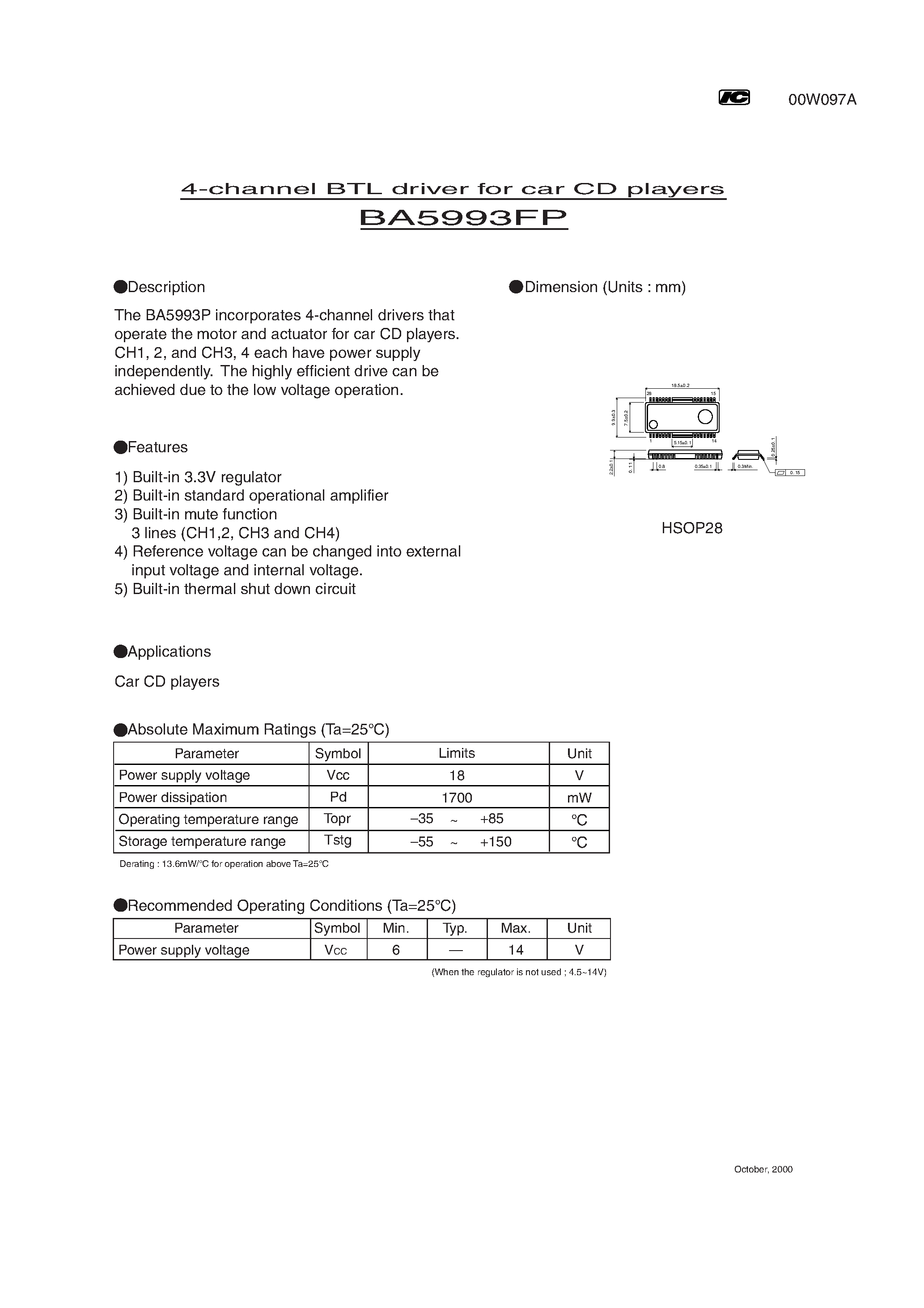 Datasheet BA5993FP - 4-channel BTL driver for car CD players page 1