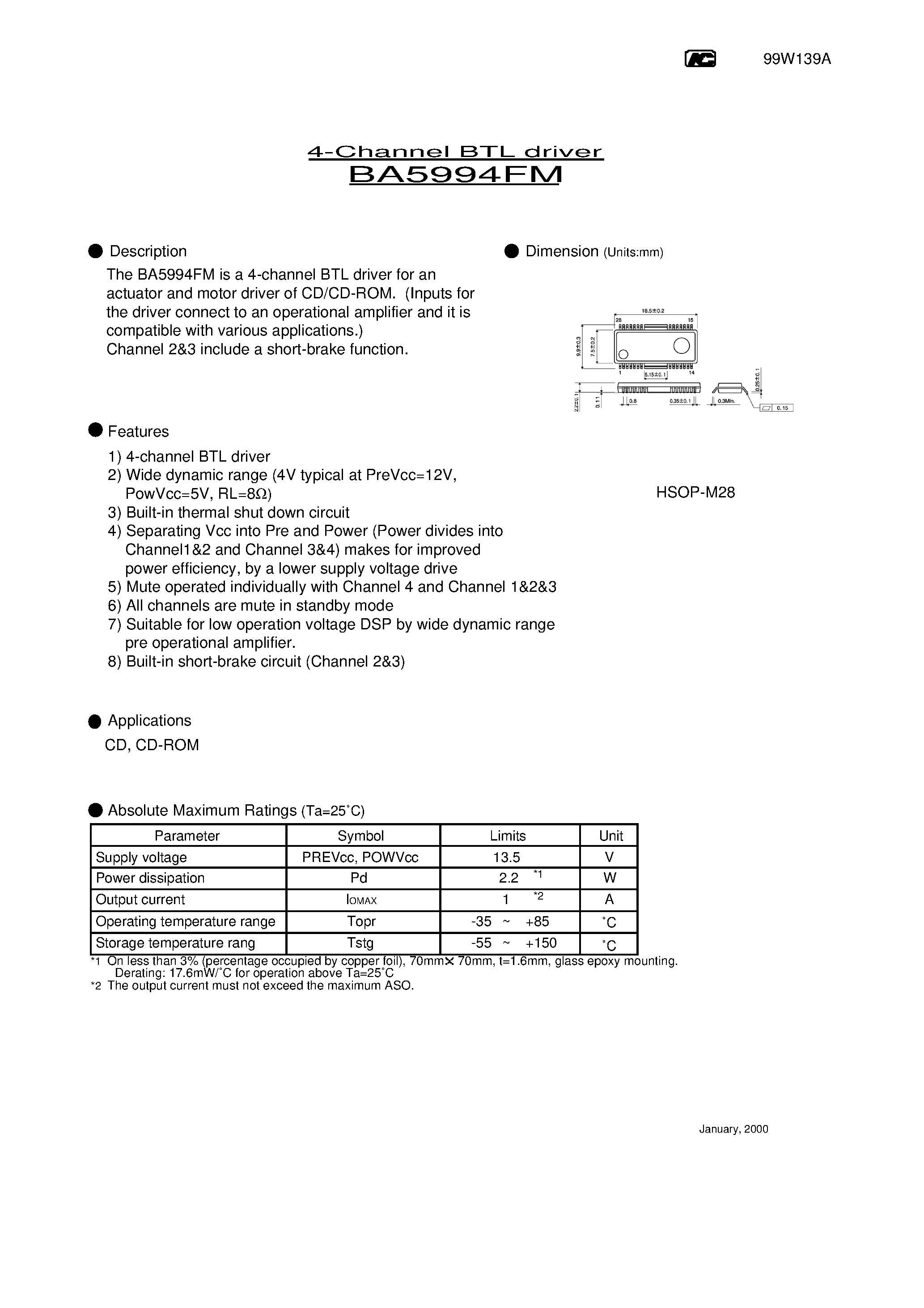Datasheet BA5994FM - 4-Channel BTL driver page 1