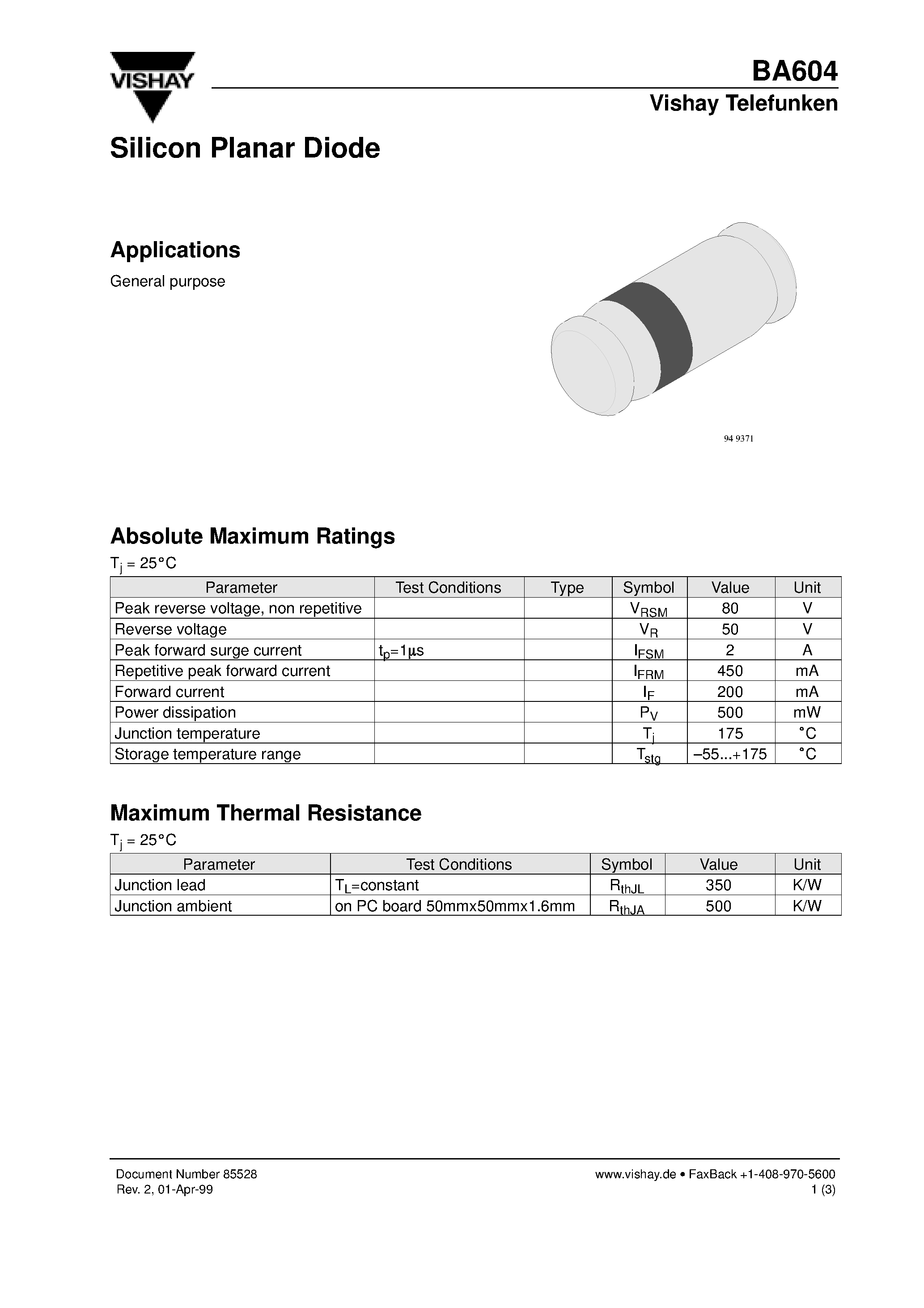 Datasheet BA604 page 1 Datasheet BA604 - Silicon Planar Diode page 1