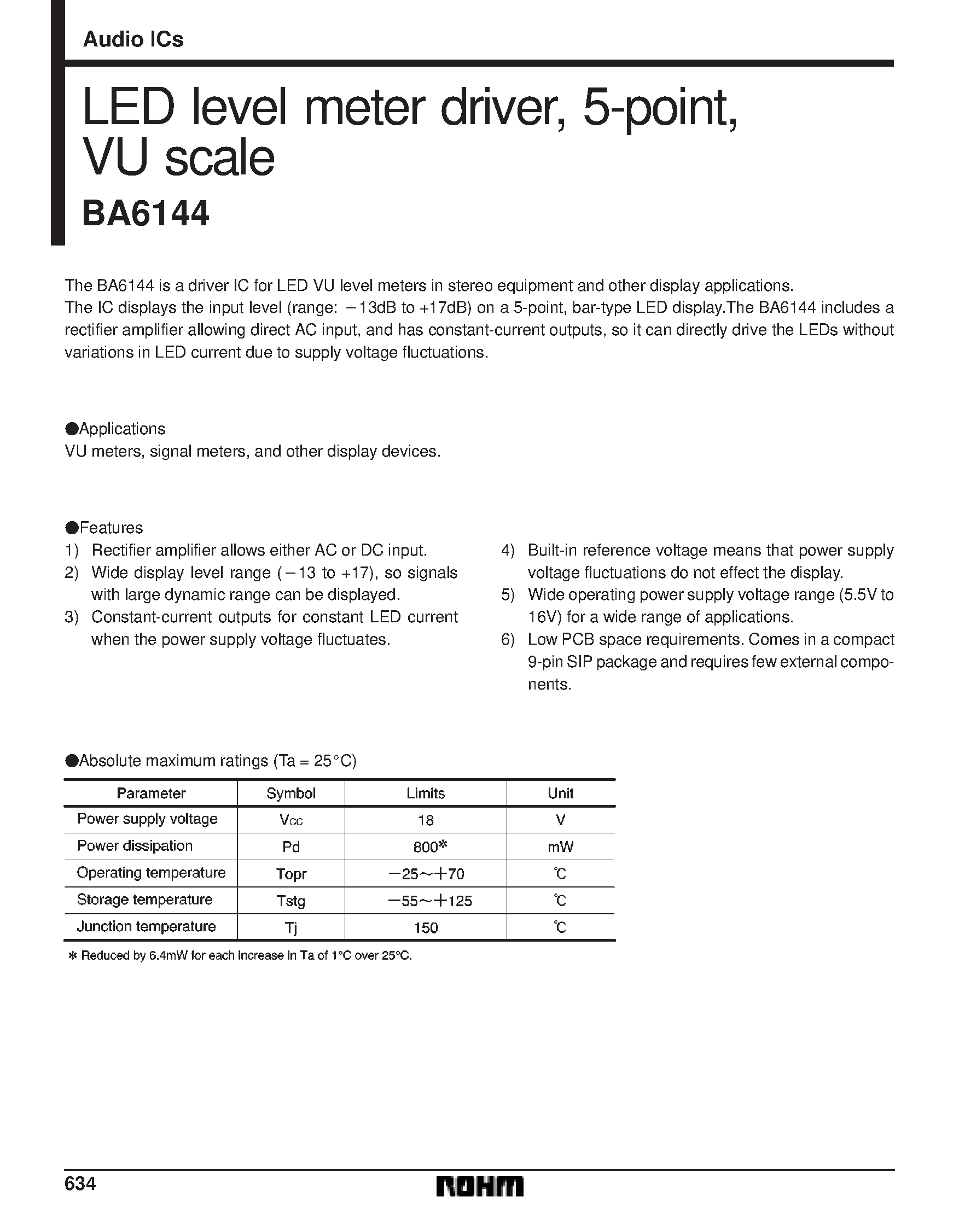 Datasheet BA6144 - LED level meter driver/ 5-point/ VU scale page 1