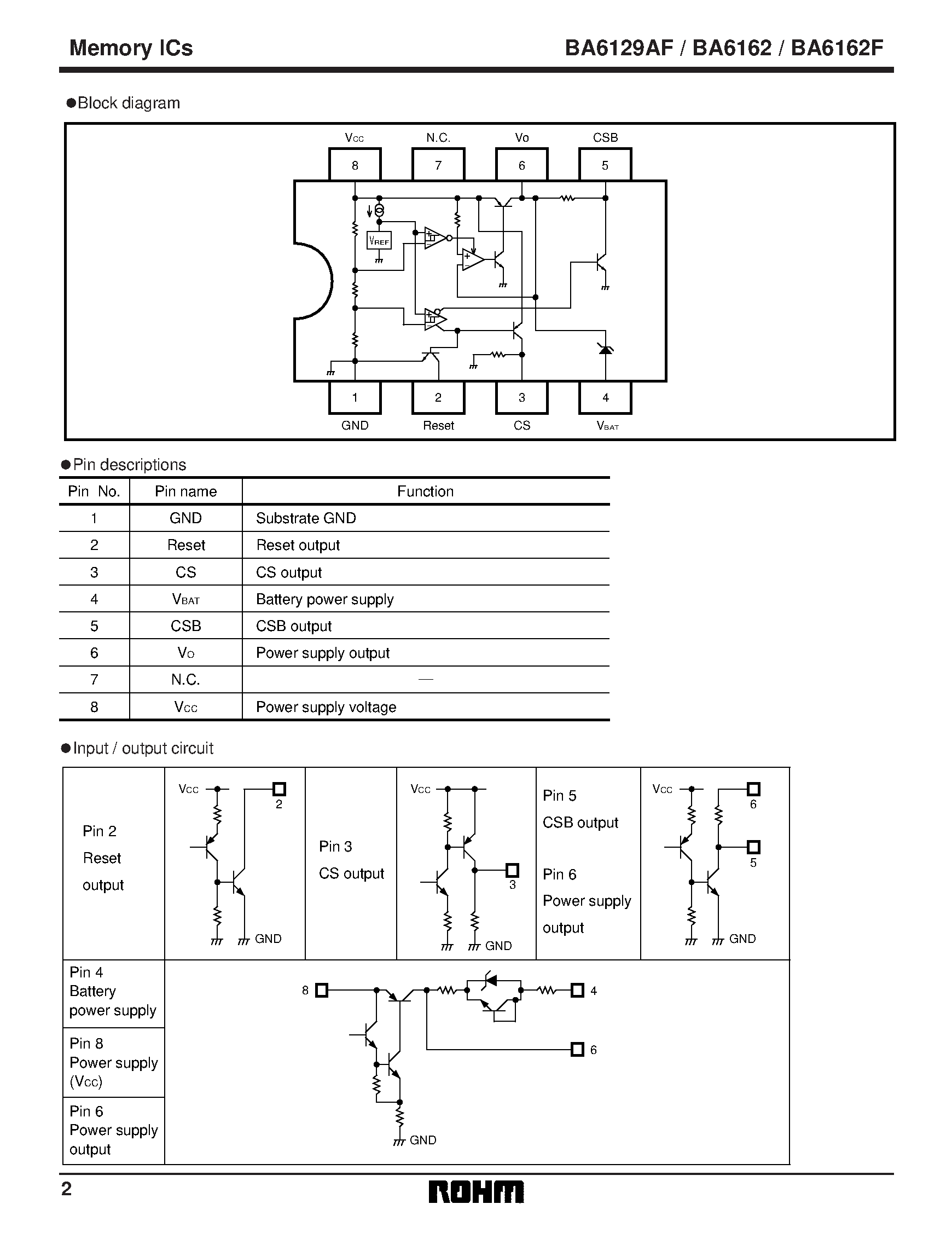 Datasheet BA6162 - Reset IC with battery backup function page 2