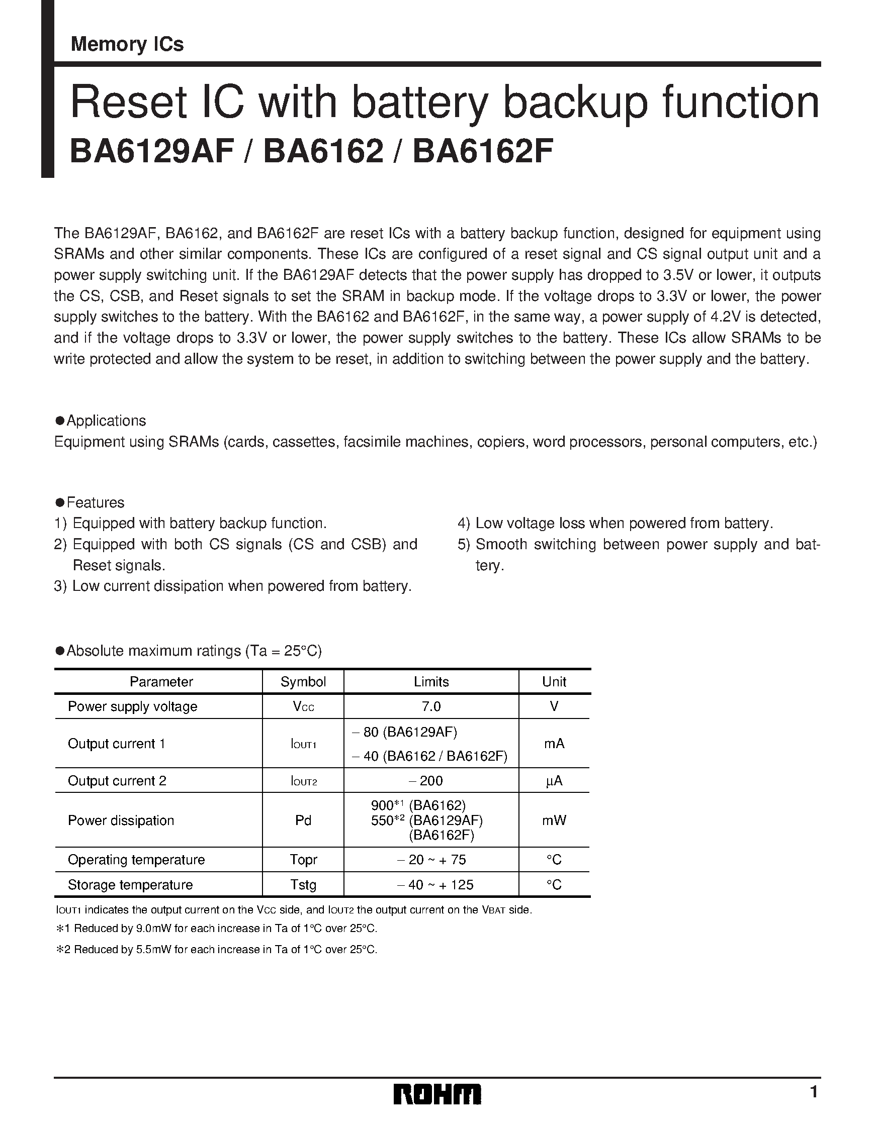 Datasheet BA6162F - Reset IC with battery backup function page 1