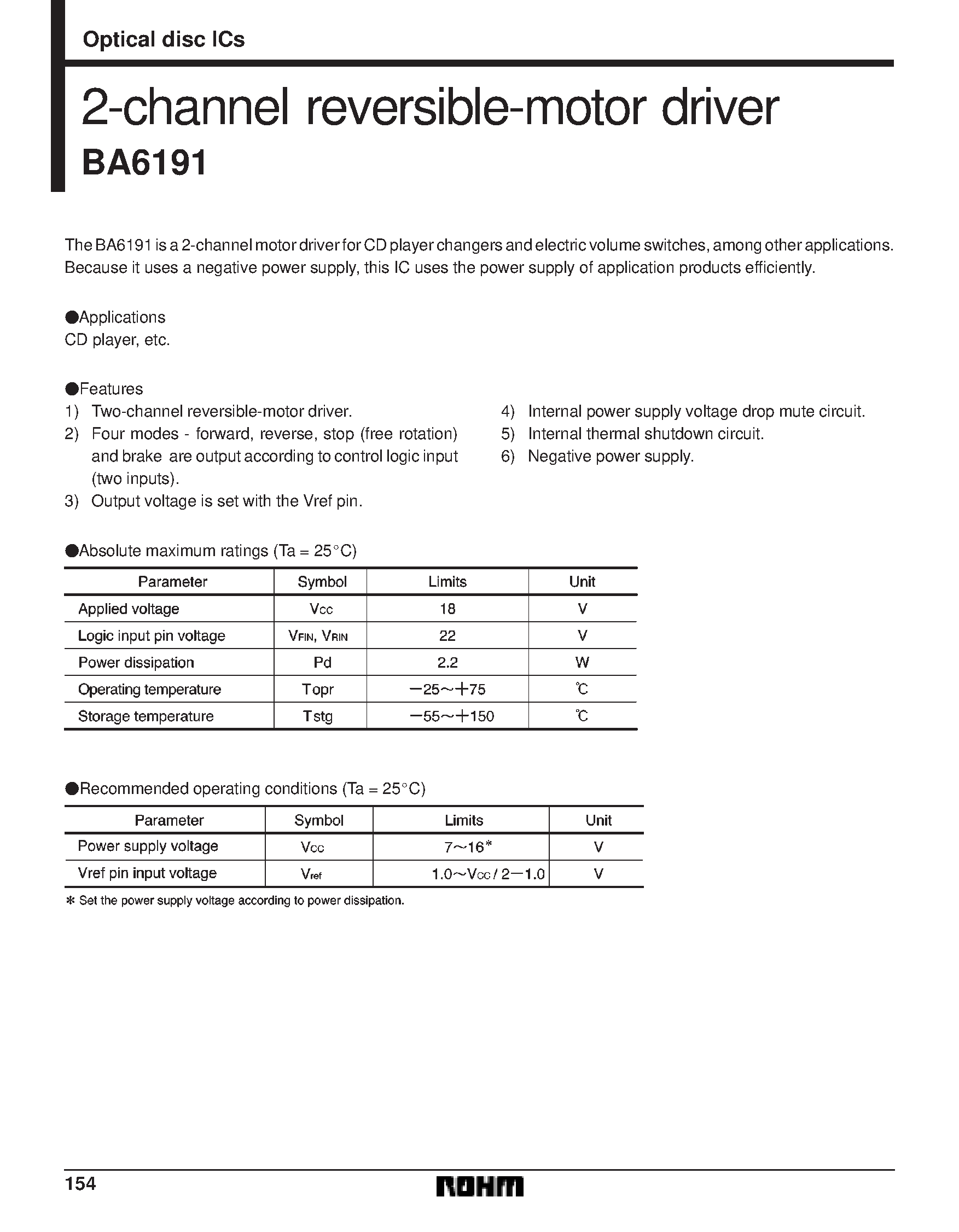 Даташит на микросхему BA6191 страница 1 Даташит BA6191 - 2-channel reversible-motor driver страница 1