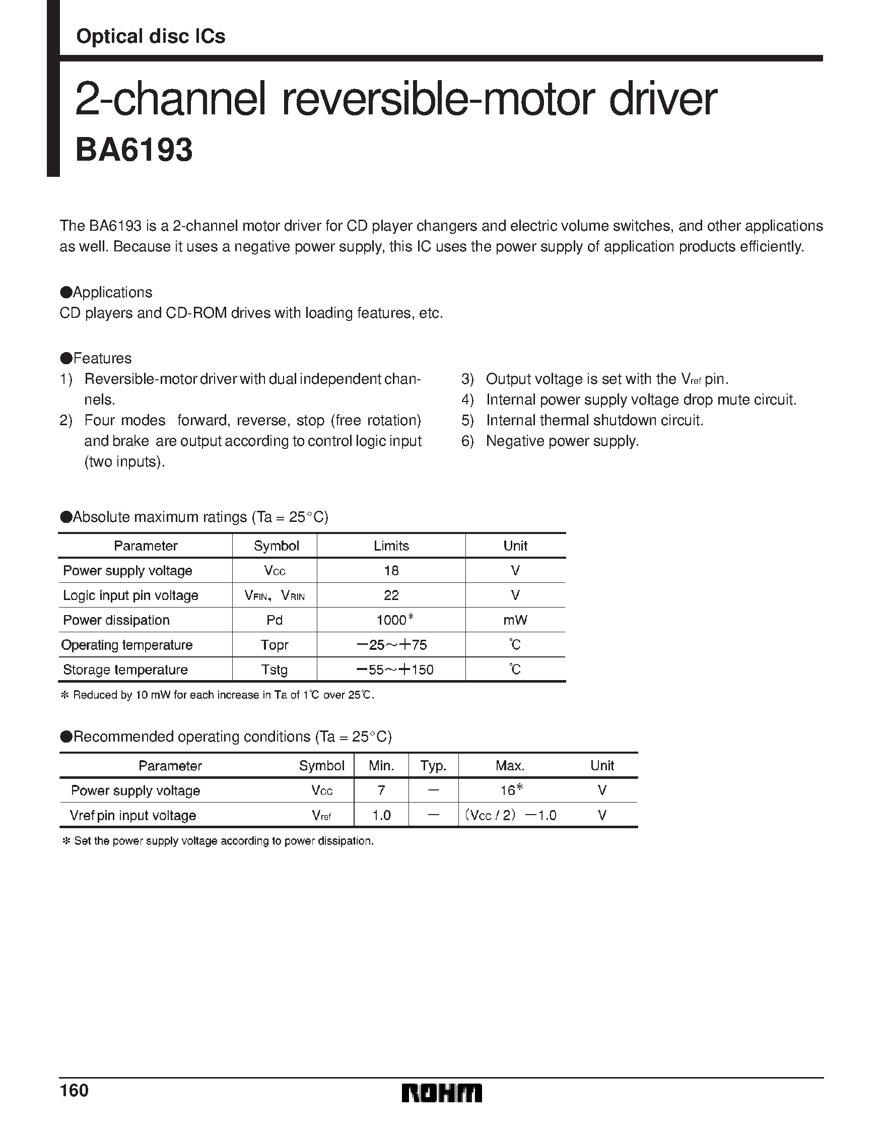 Даташит на микросхему BA6193 страница 1 Даташит BA6193 - 2-channel reversible-motor driver страница 1