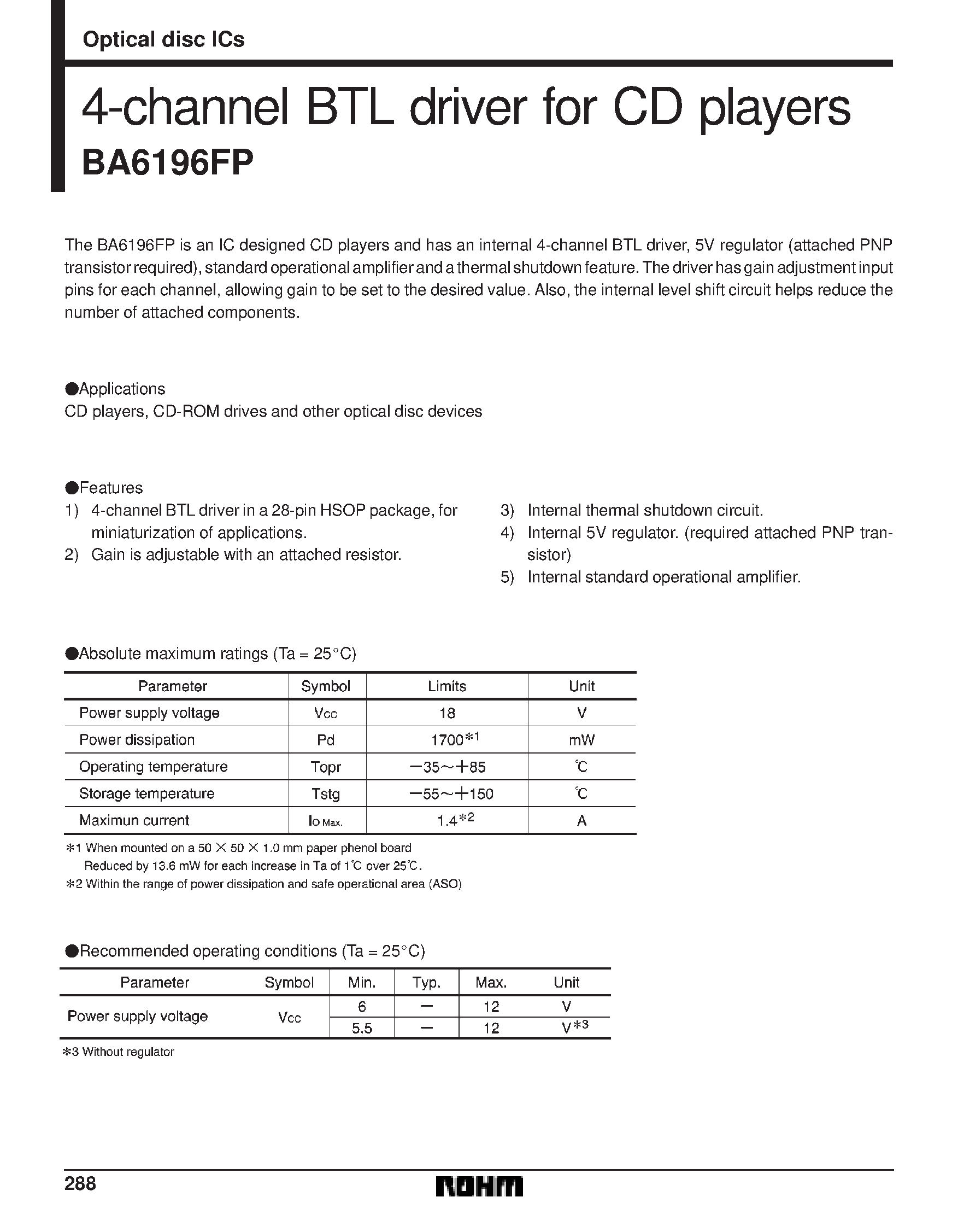 Datasheet BA6196FP - 4-channel BTL driver for CD players page 1