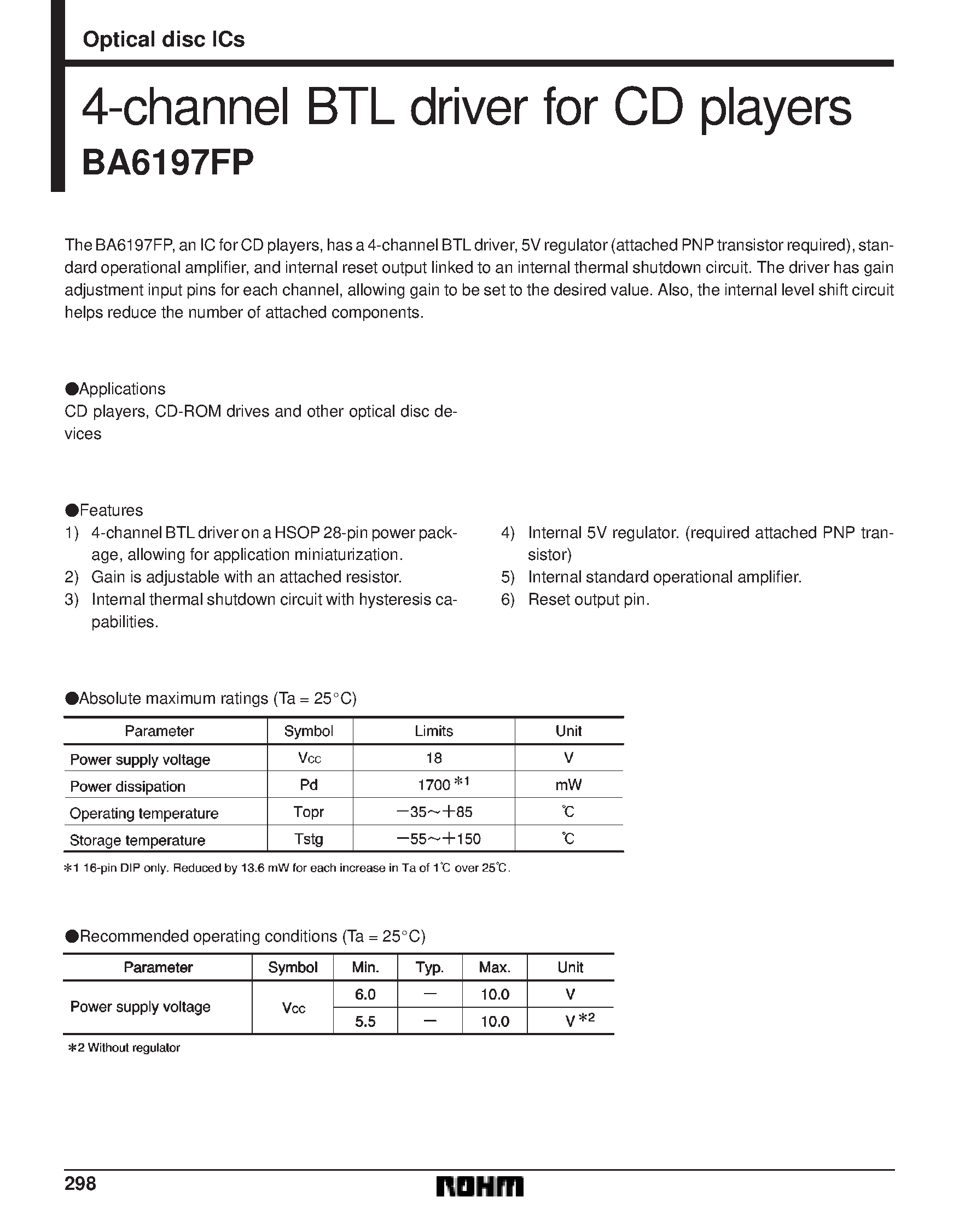 Datasheet BA6197FP - 4-channel BTL driver for CD players page 1