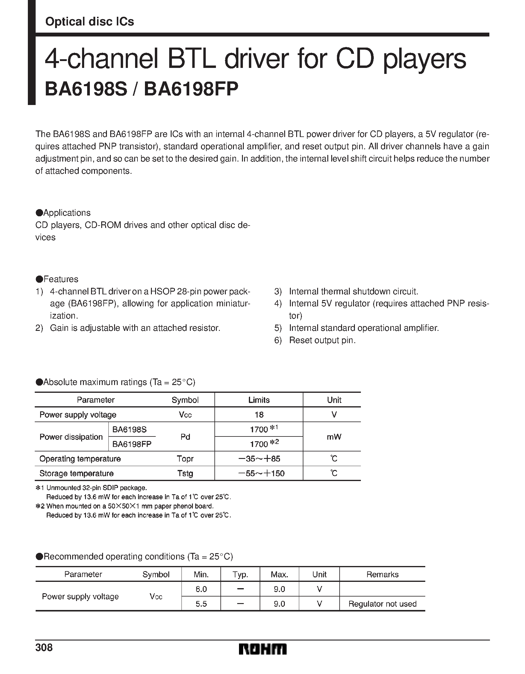 Datasheet BA6198 - 4-channel BTL driver for CD players page 1