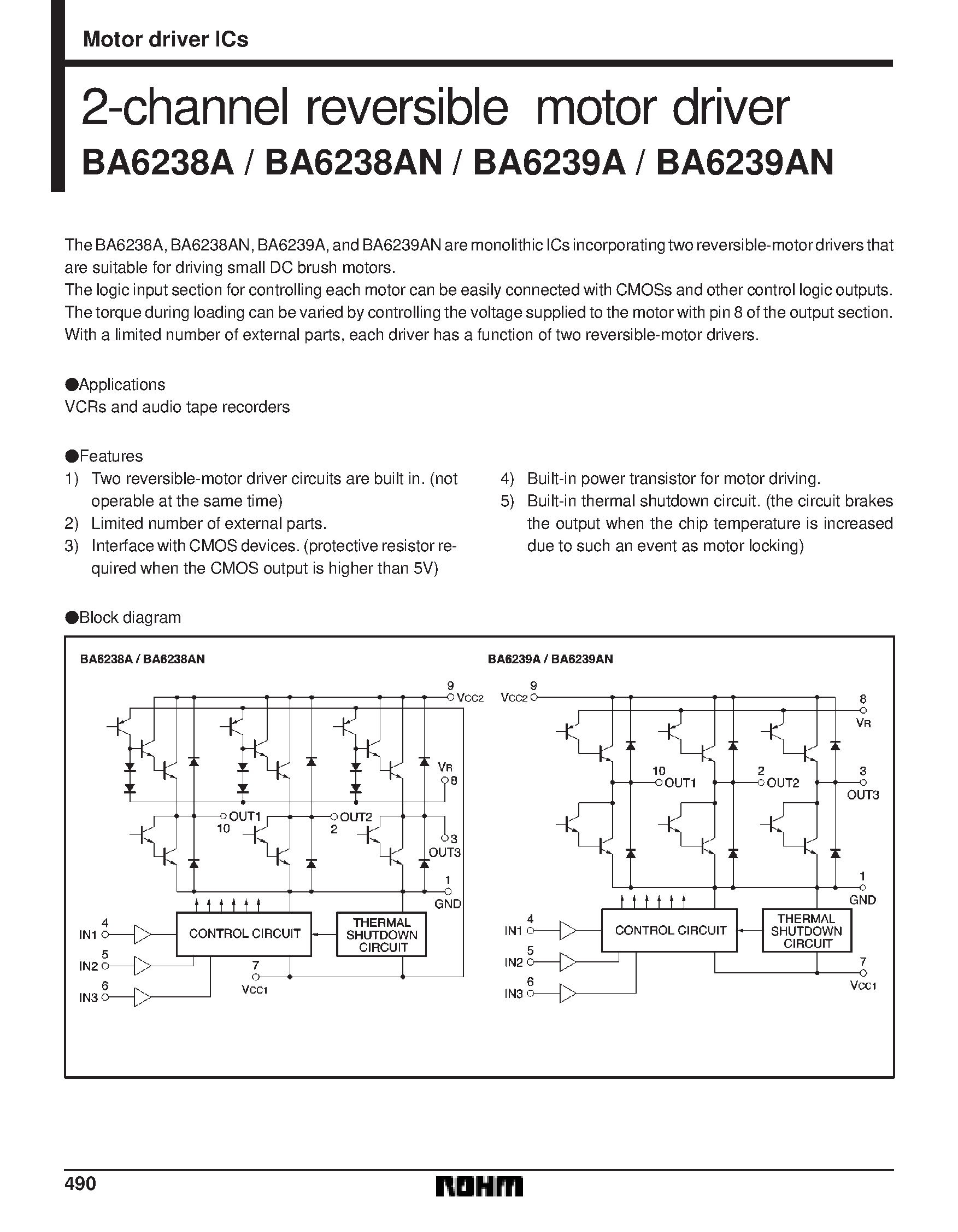 Даташит на микросхему BA6239AN страница 1 Даташит BA6239AN - 2-channel reversible motor driver страница 1