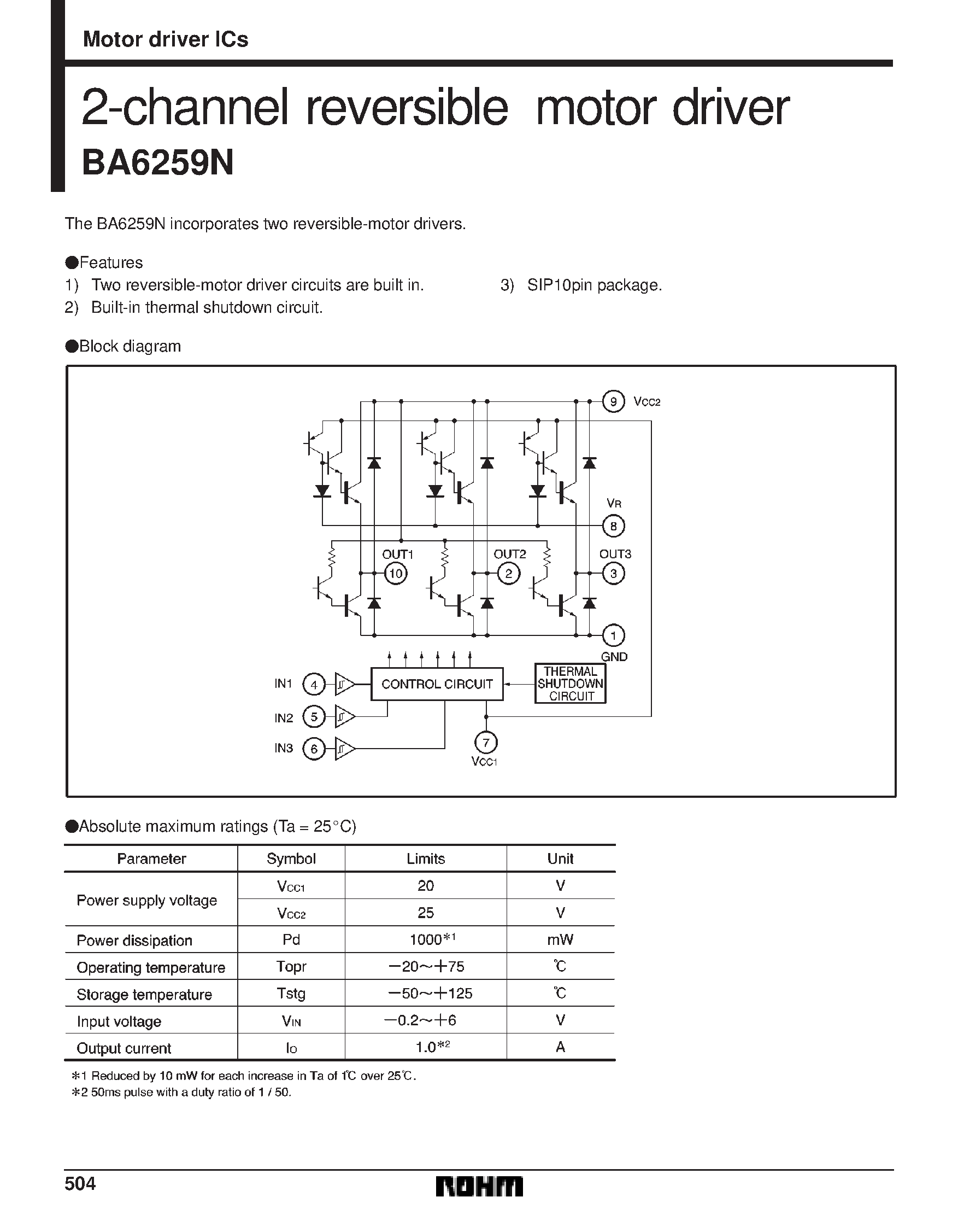 Даташит на микросхему BA6259 страница 1 Даташит BA6259 - 2-channel reversible motor driver страница 1