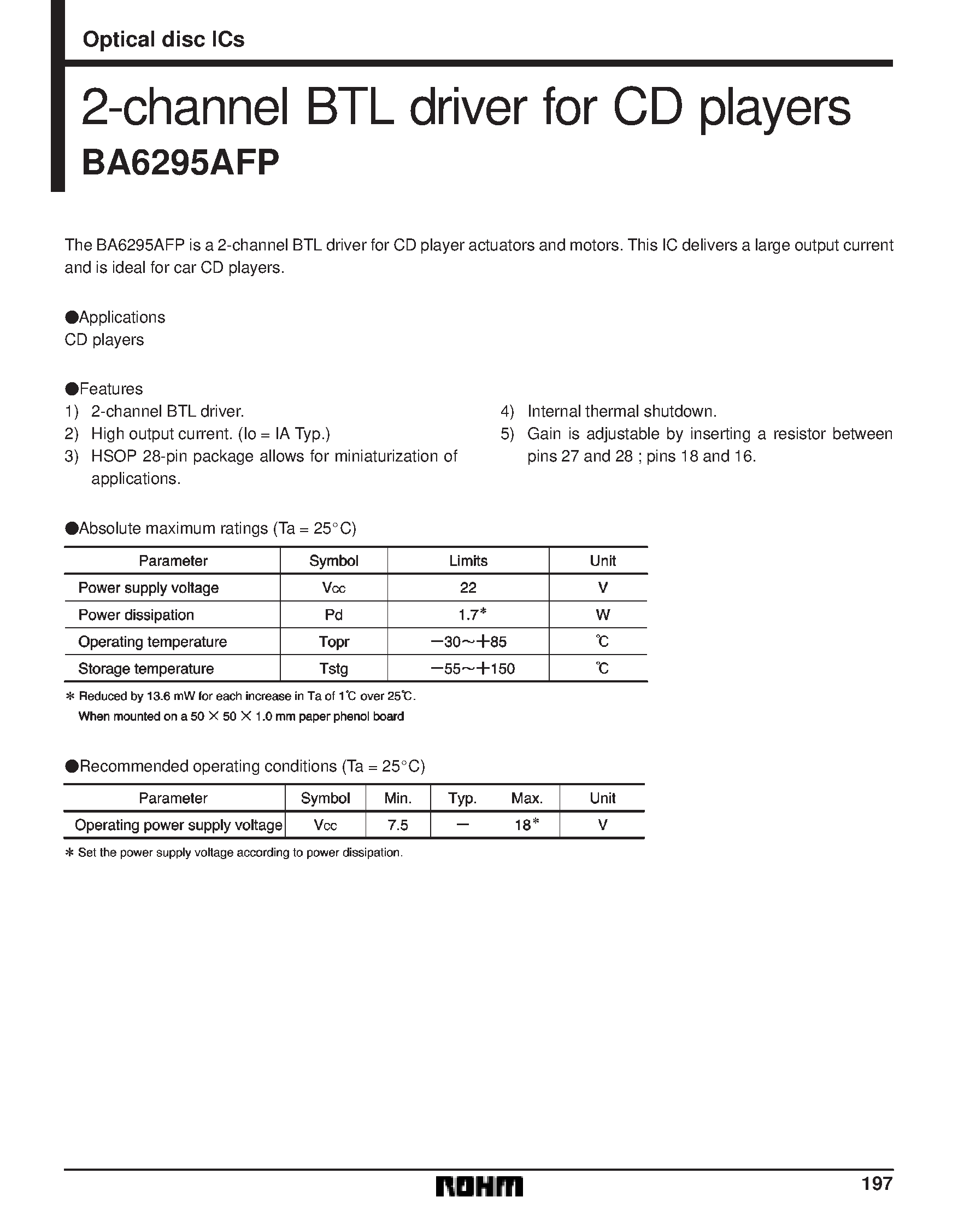 Даташит на микросхему BA6295AFP страница 1 Даташит BA6295AFP - 2-channel BTL driver for CD players страница 1