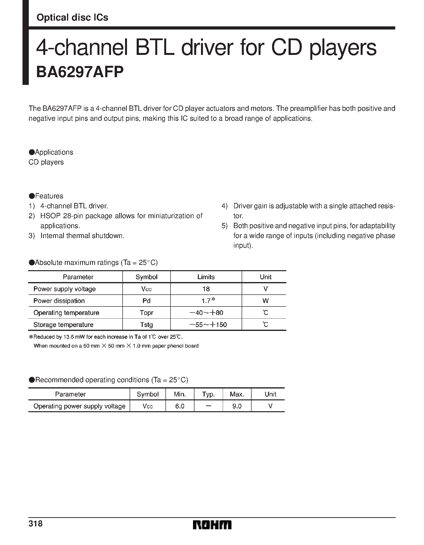 Datasheet BA6297AFP - 4-channel BTL driver for CD players page 1