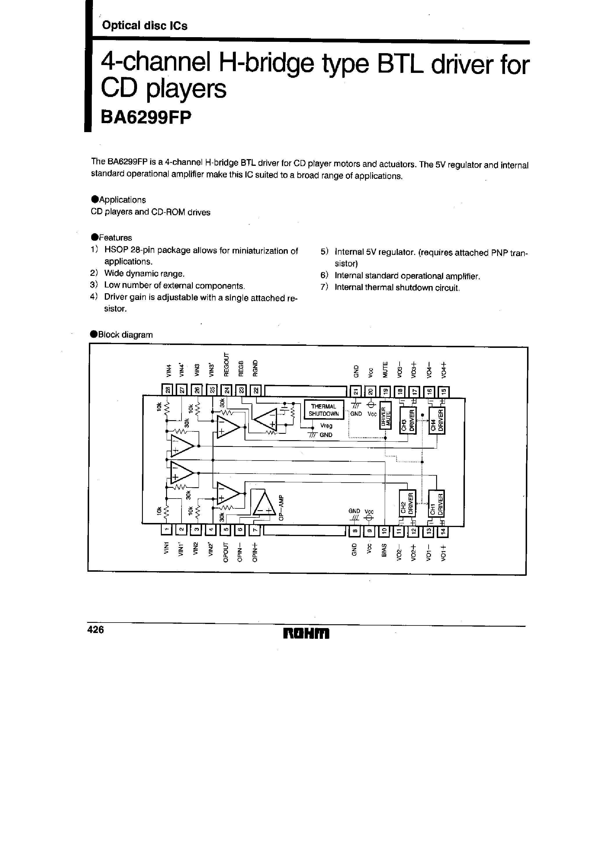 Datasheet BA6299 page 1 Datasheet BA6299 - 4-Channel H-bridge type BTL driver for CD players page 1