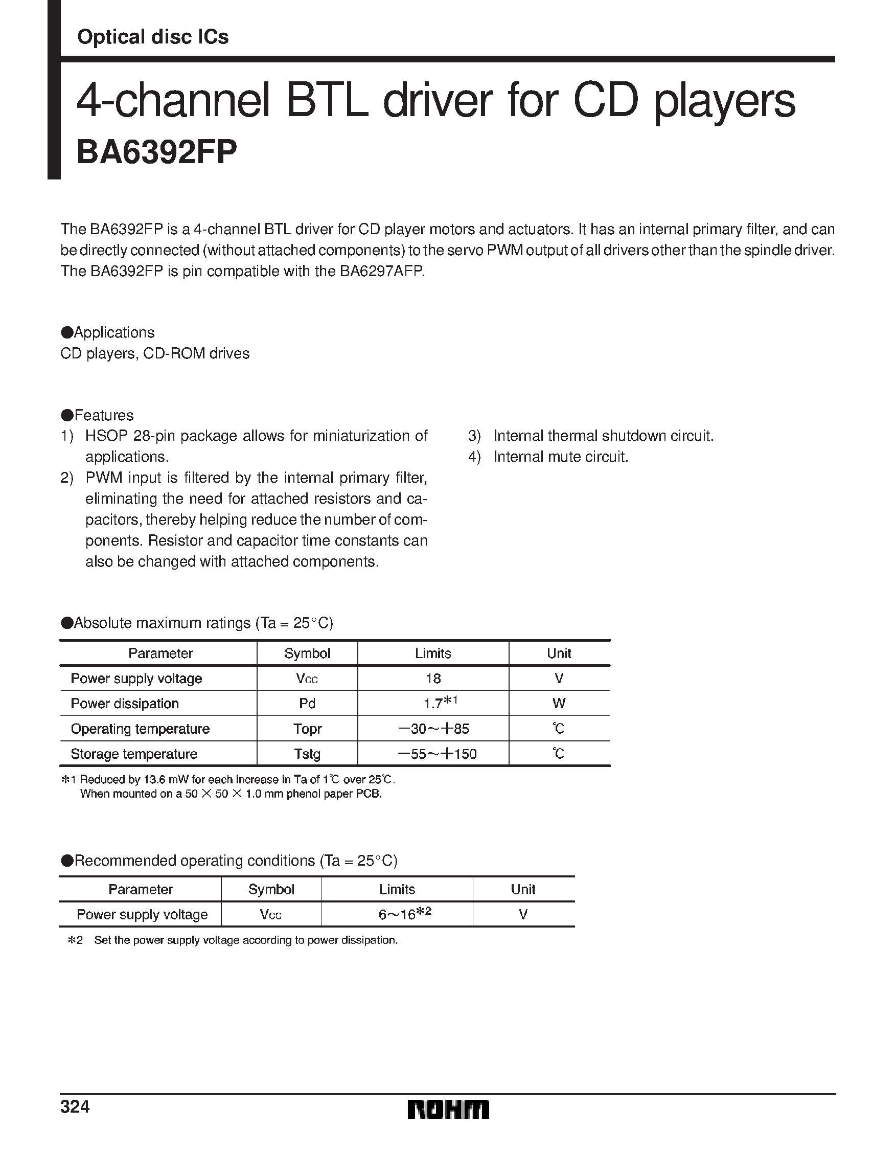 Datasheet BA6392FP - 4-channel BTL driver for CD players page 1
