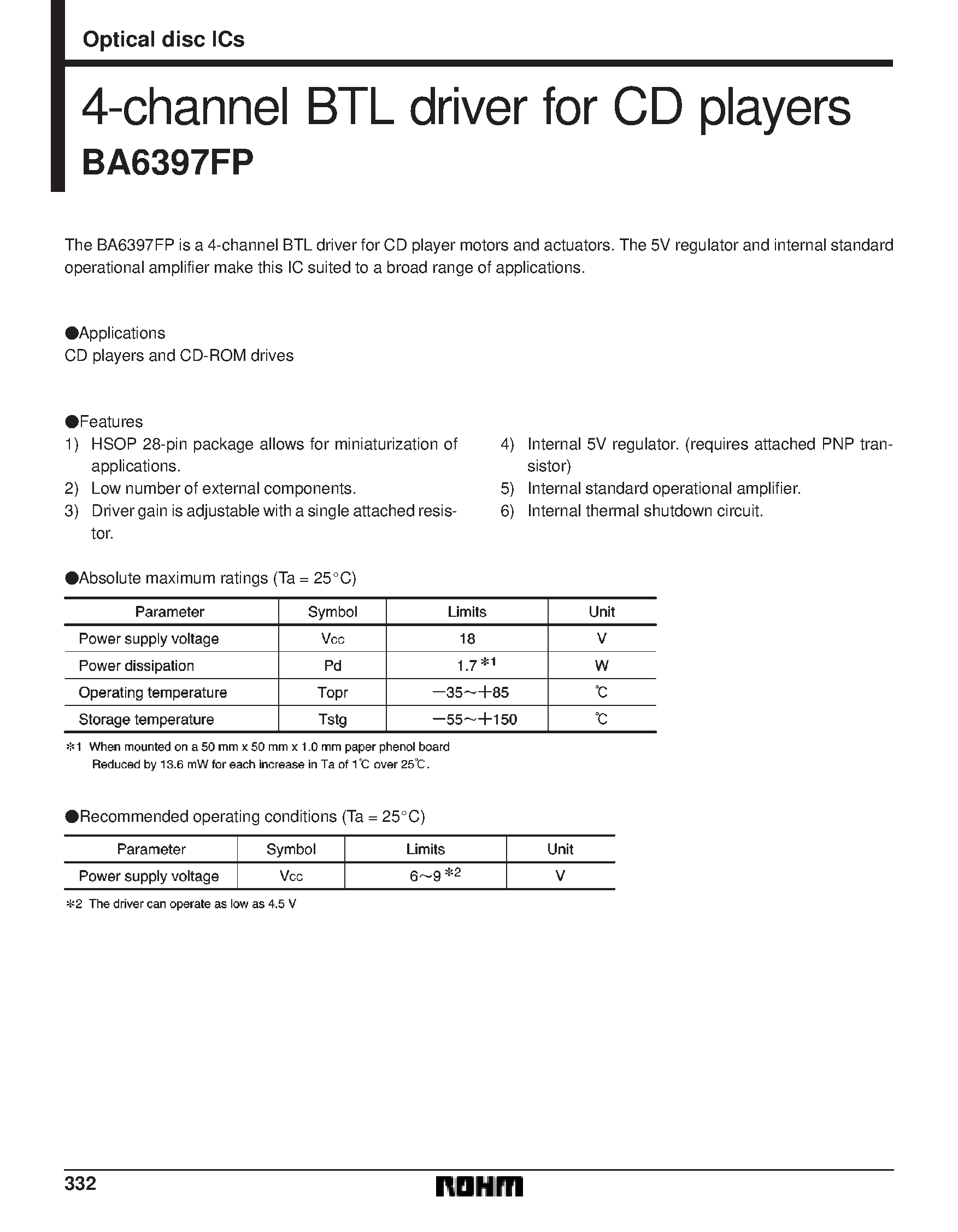Datasheet BA6397FP - 4-channel BTL driver for CD players page 1